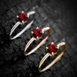 Classic round garnet ring in sterling silver with white rhodium finish on a textured background