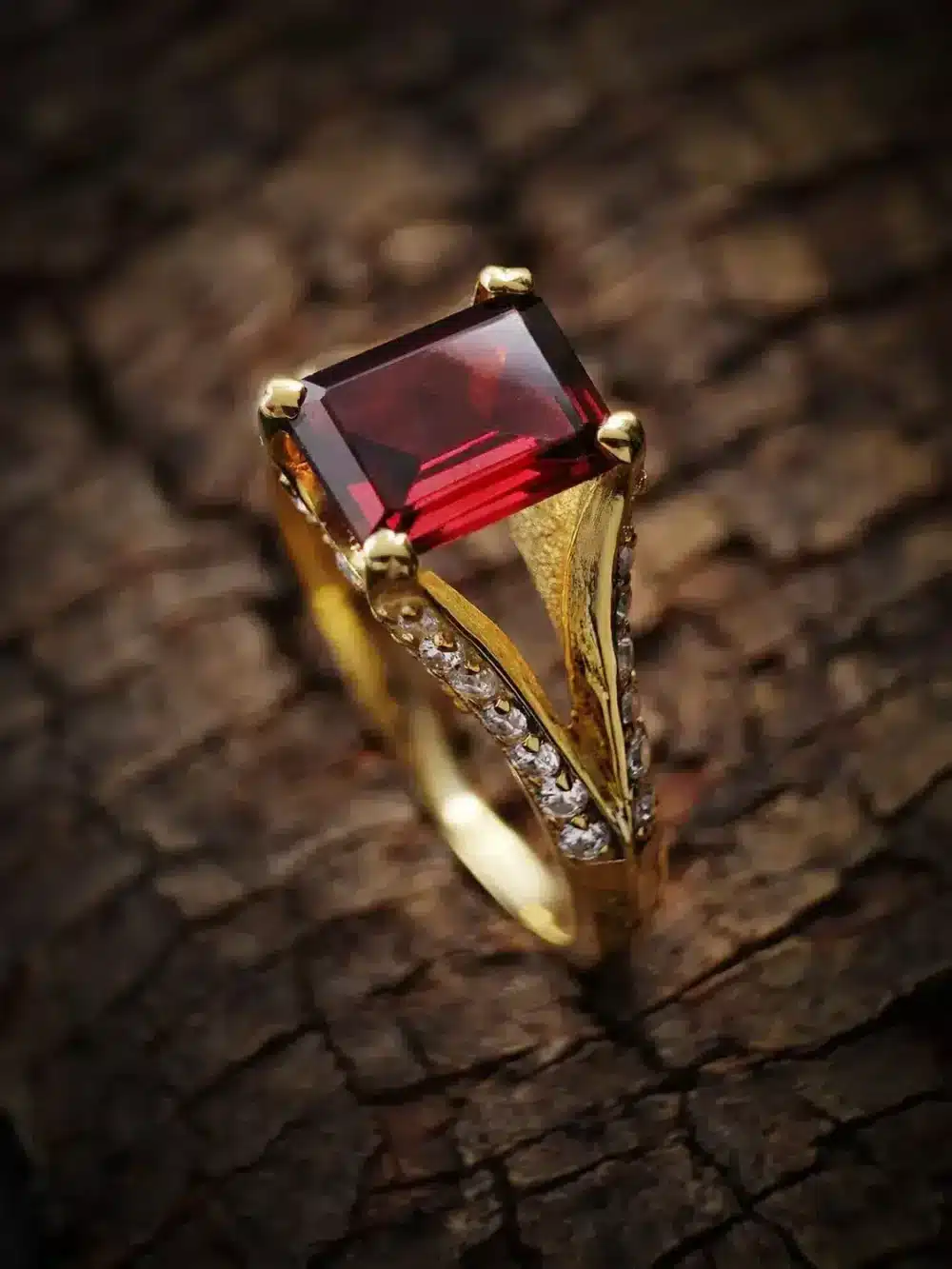 Red garnet moissanite ring