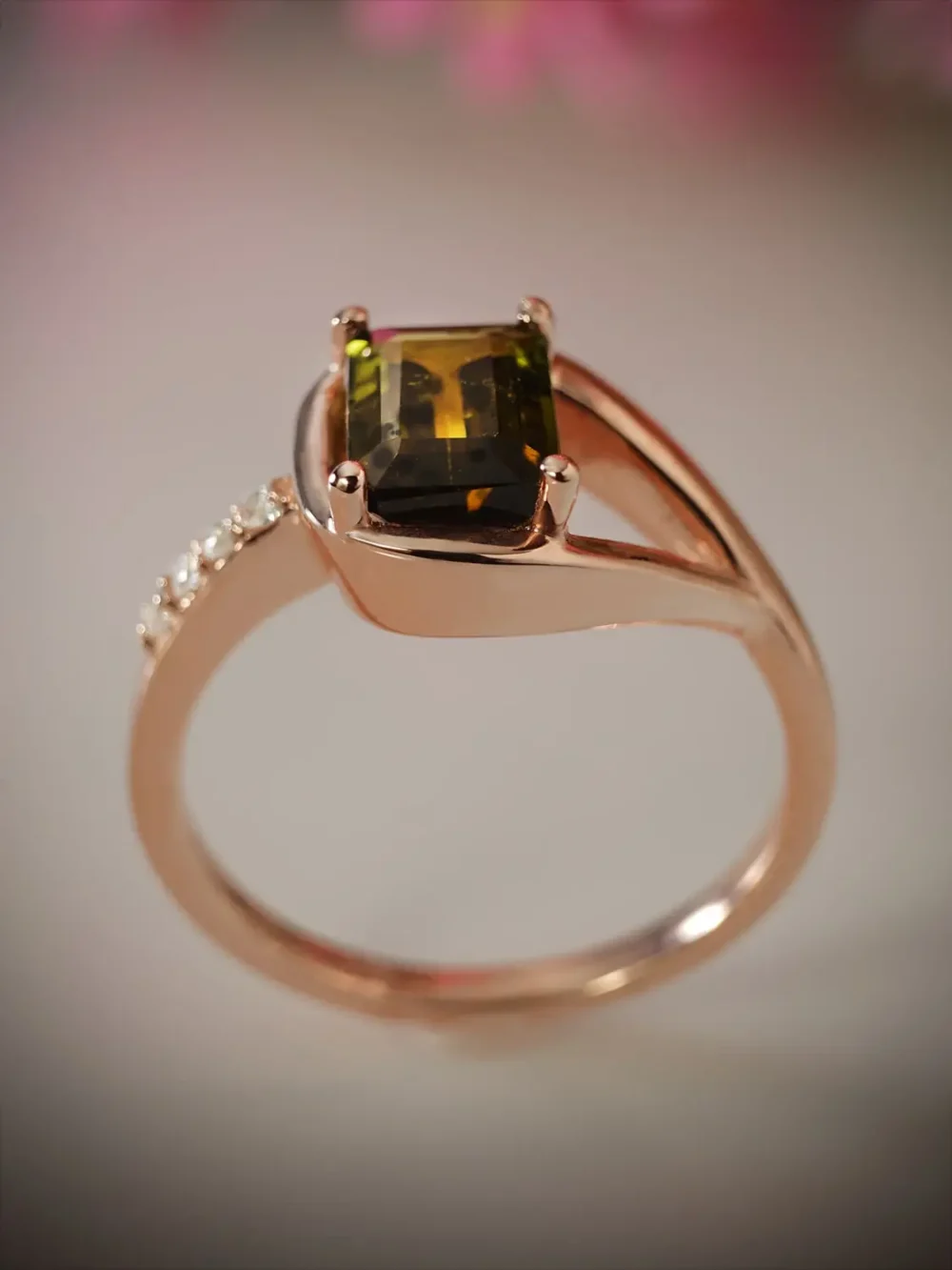 Watermelon green tourmaline ring with moissanite diamonds in rose gold