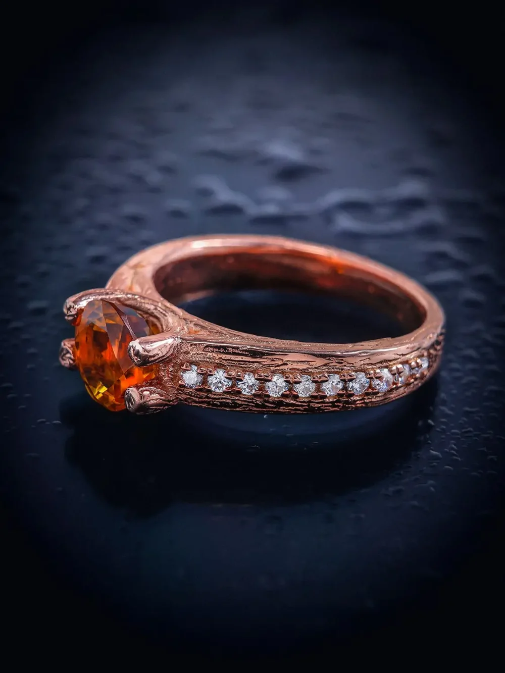 Citrine wooden textured ring against a dark, regal background, highlighting its royal allure