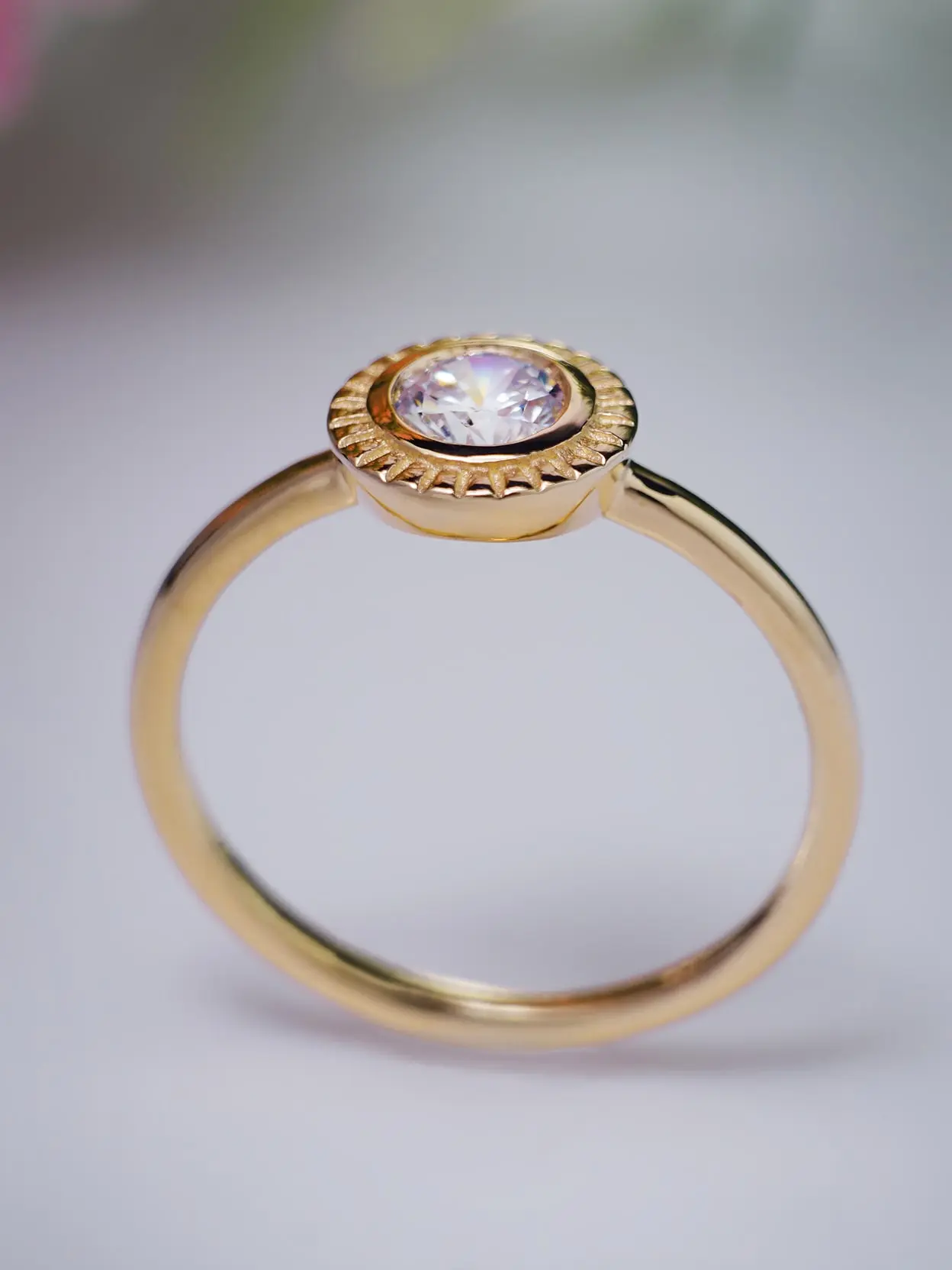 Timeless moissanite ring with floral band detail