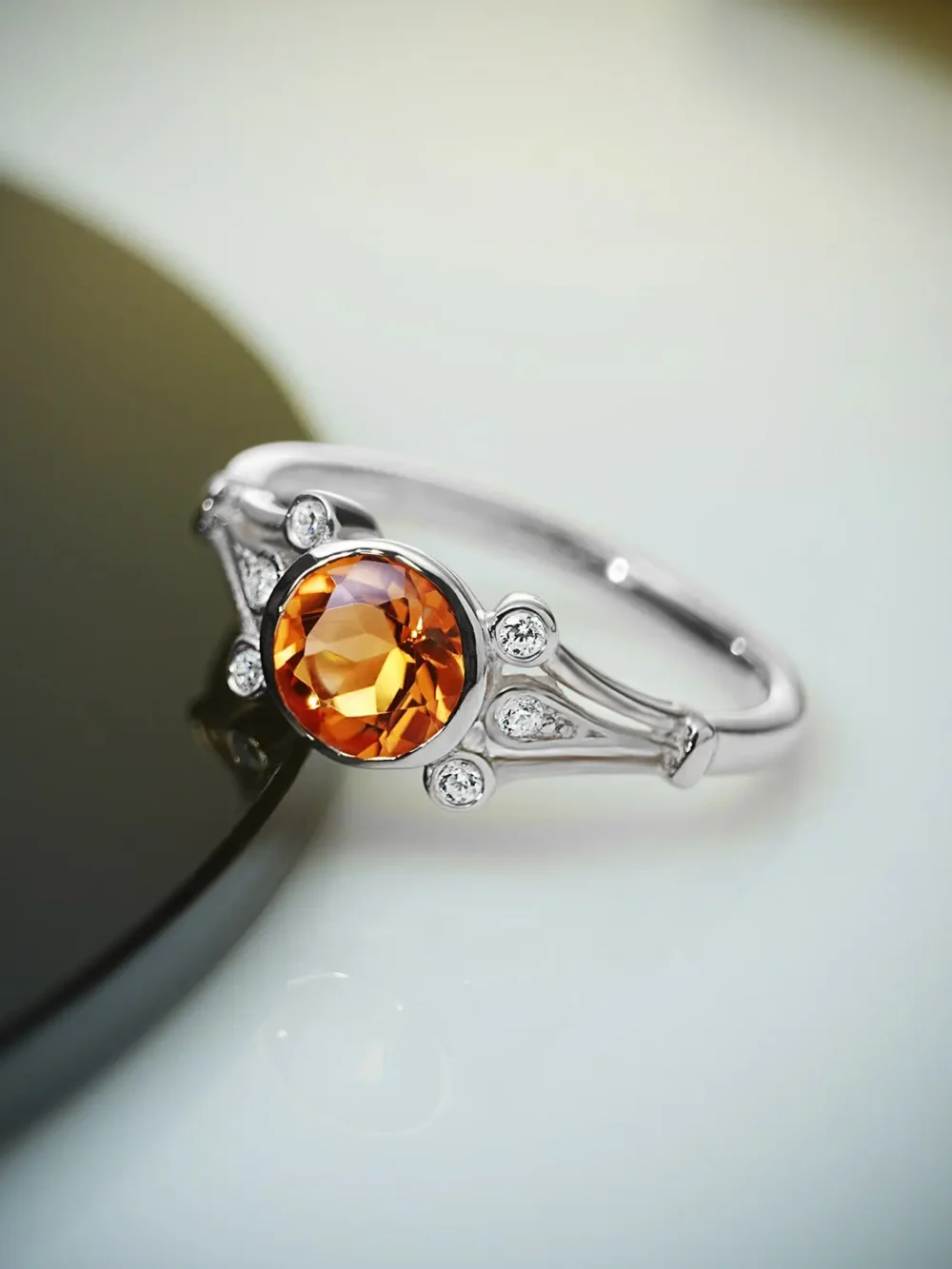 Elegant citrine and moissanite ring on a silver finish