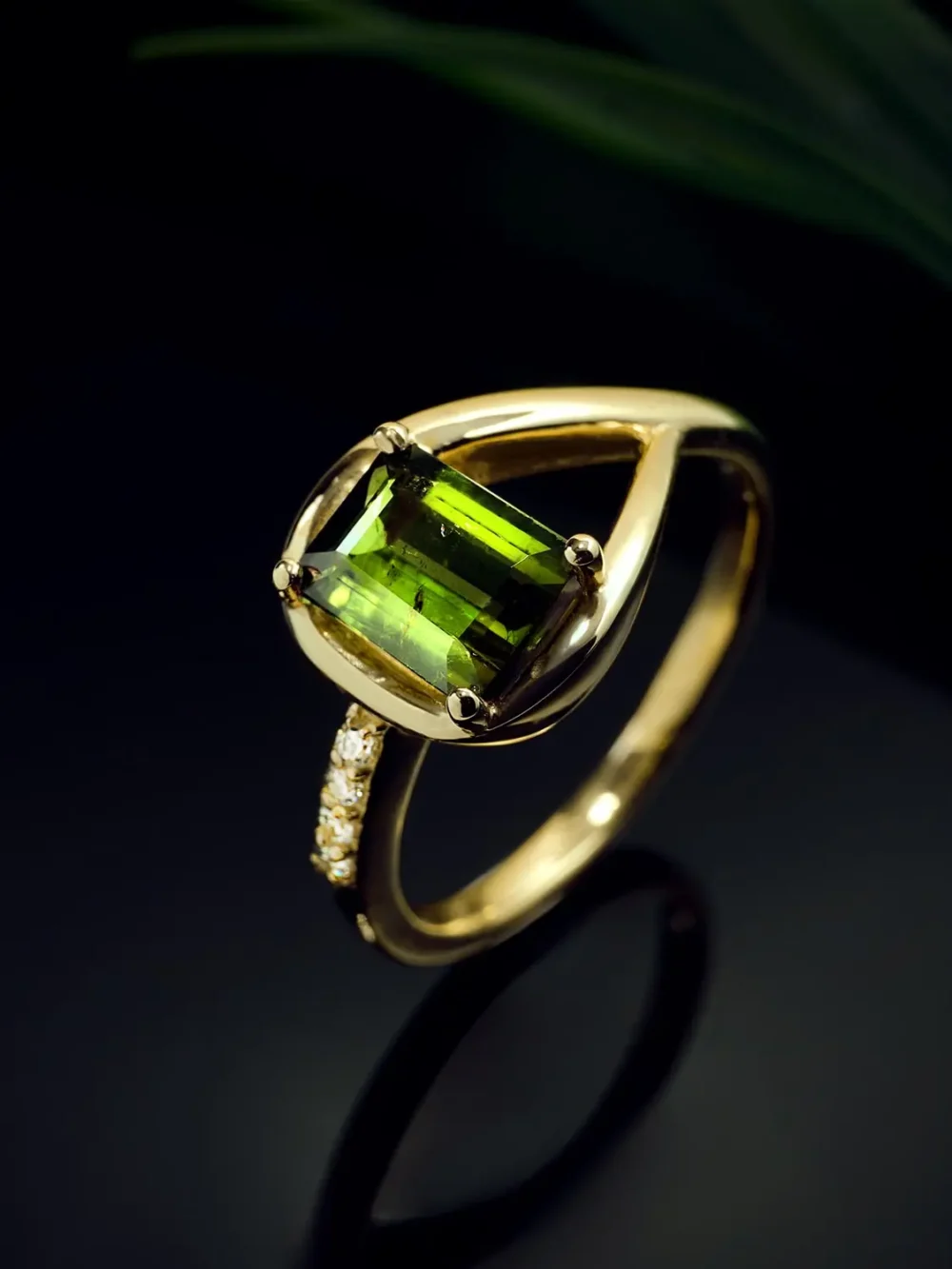 Elegant emerald-cut tourmaline ring with moissanite accents