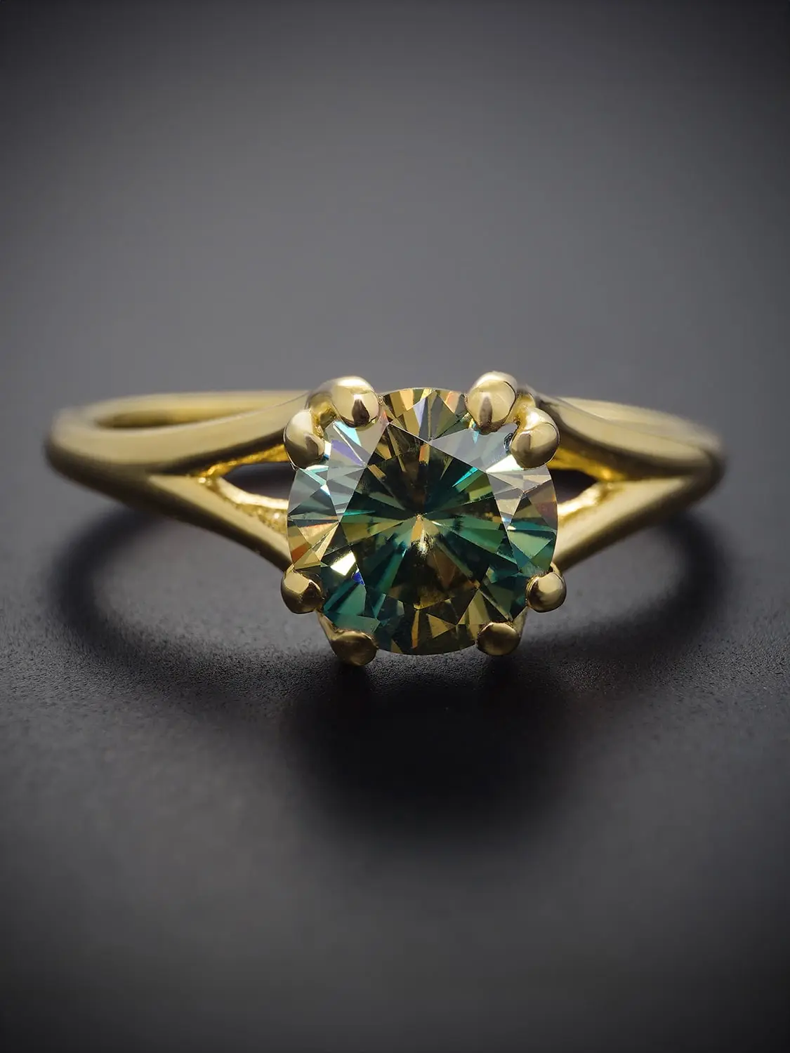 Luxurious green moissanite ring showcased with a spotlight effect