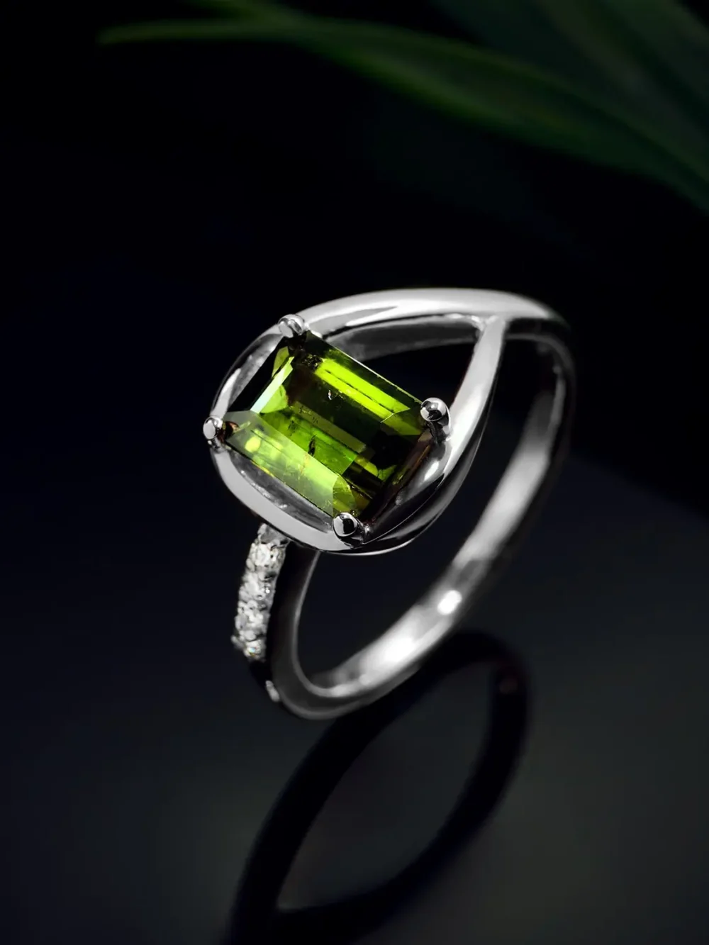 Elegant emerald-cut tourmaline ring with moissanite accents