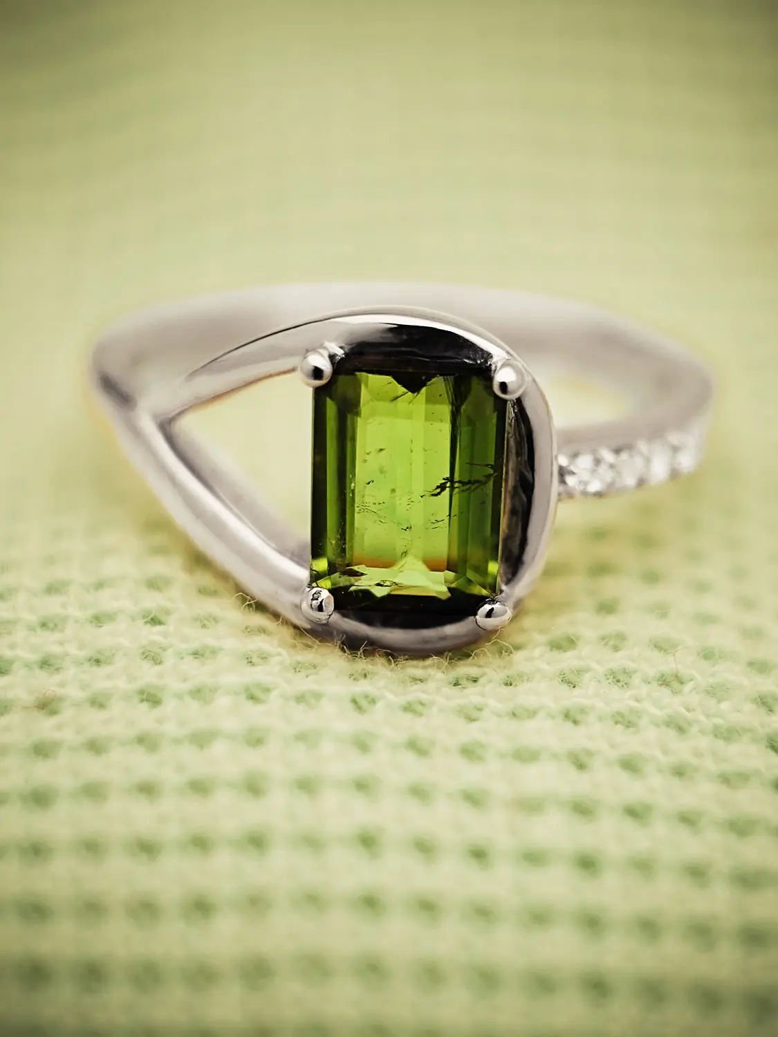 Watermelon tourmaline ring Elegant emerald-cut tourmaline ring with moissanite accents