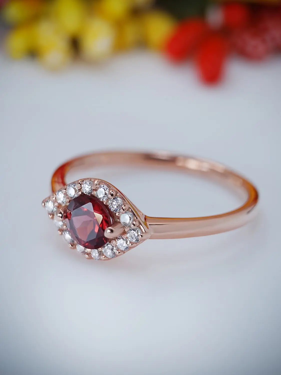 Minimalist red garnet ring in rose gold