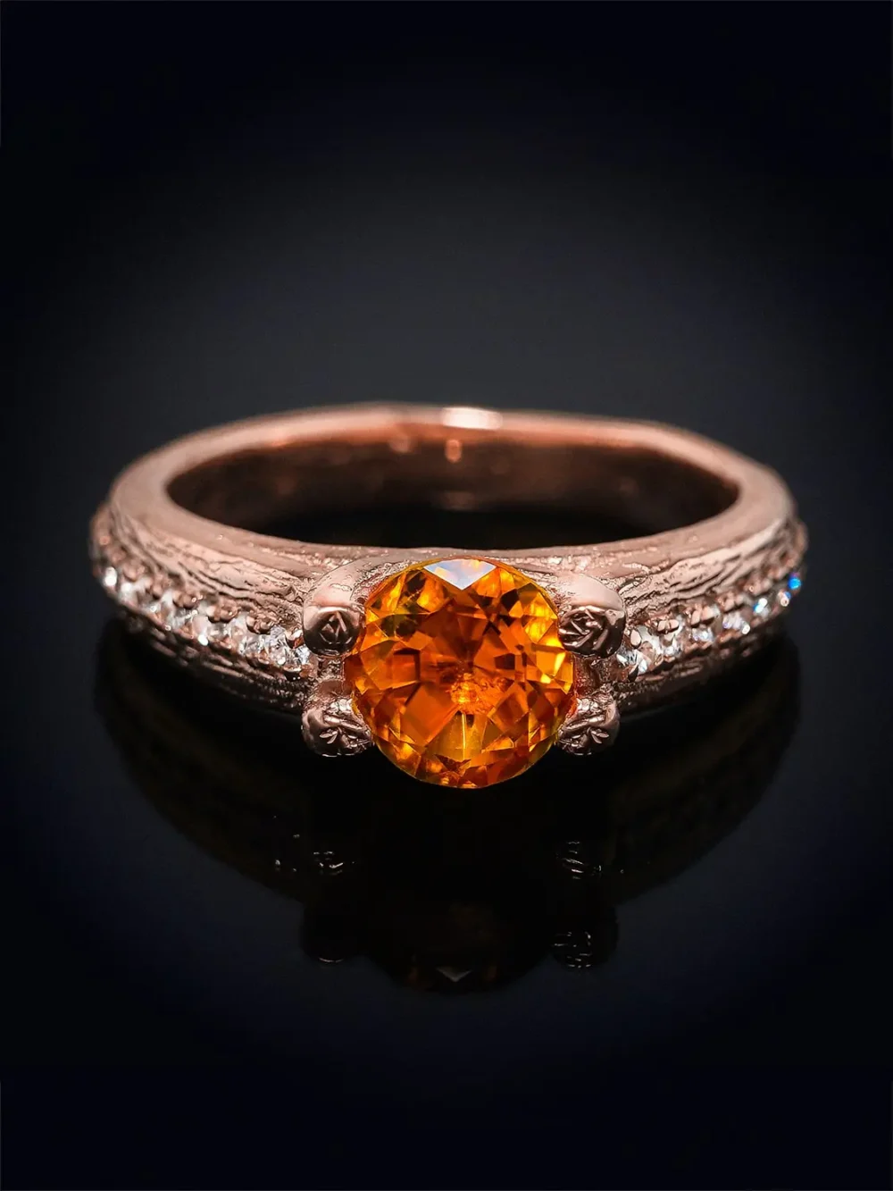 Luxurious citrine ring profile view in rose gold, echoing ancient royal elegance