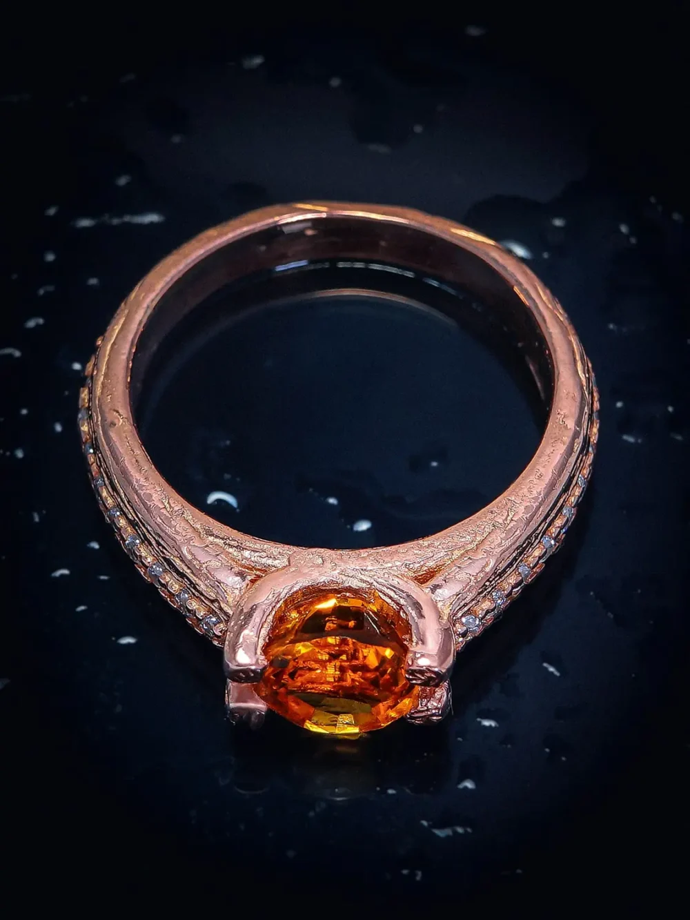 Top view of the luxurious citrine ring, showcasing the premium citrine and vvs1 d-color moissanite stones