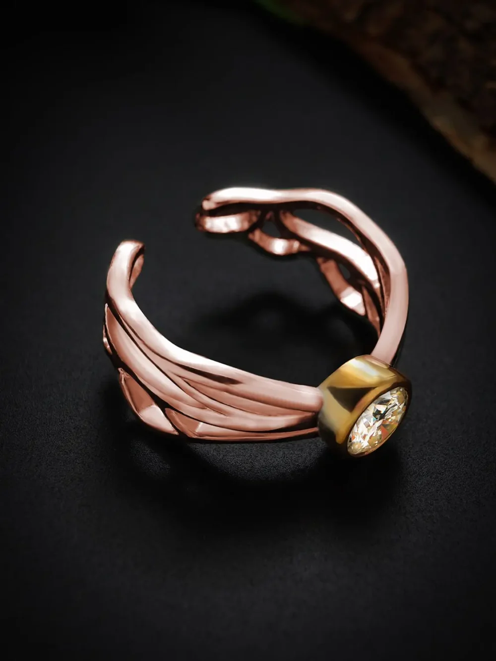 Whimsical rose gold butterfly ring with moissanite