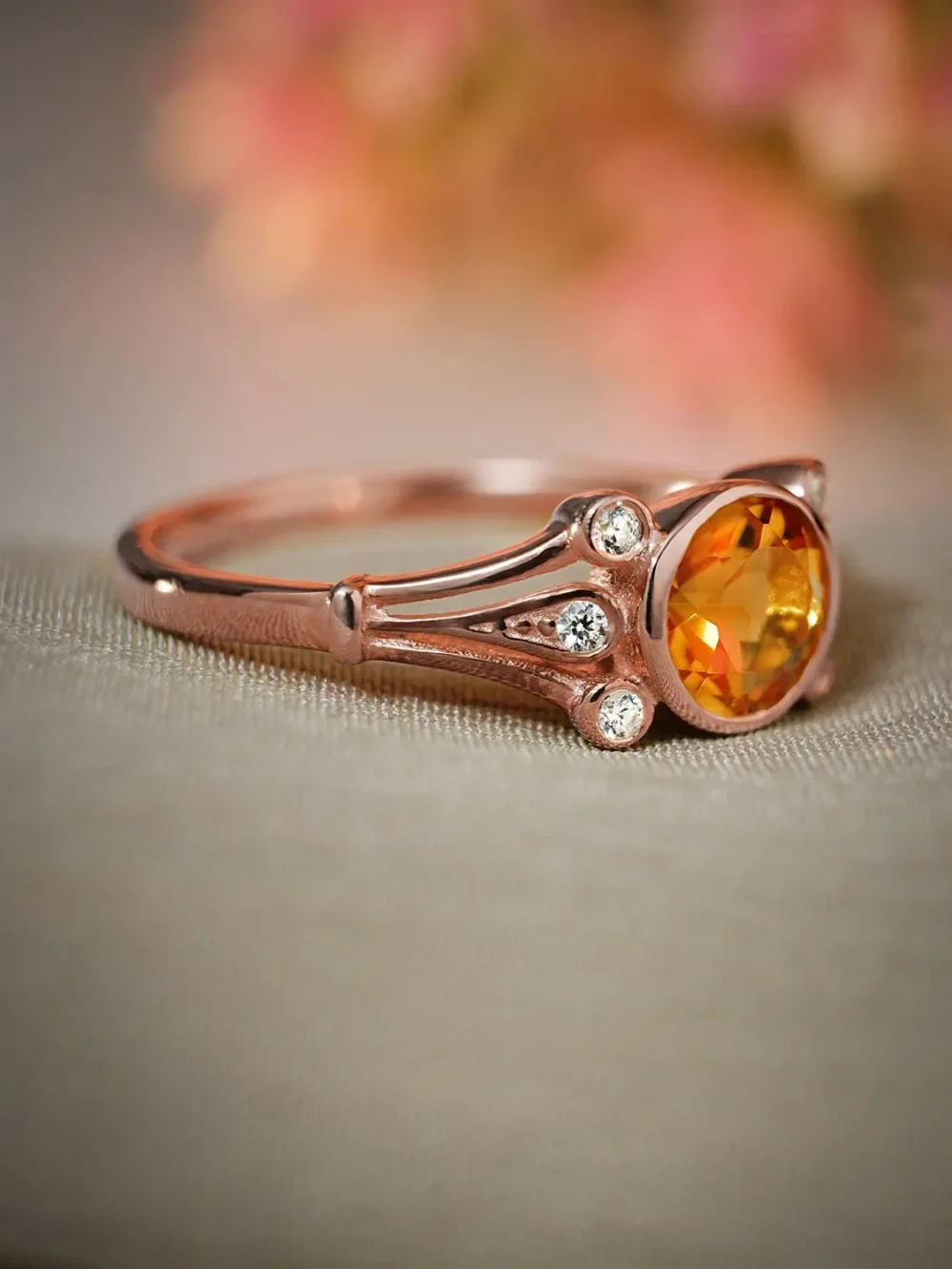 Rose gold plated citrine ring with moissanite accents
