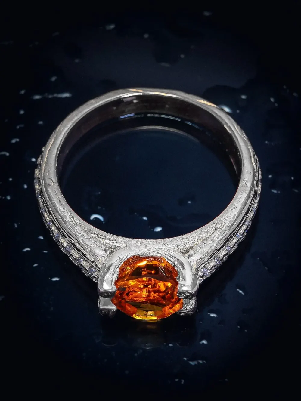 Top view of the luxurious citrine ring, showcasing the premium citrine and vvs1 d-color moissanite stones