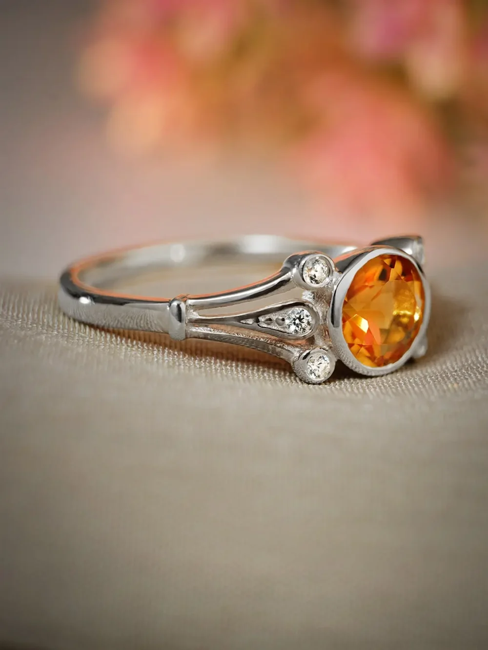 Elegant citrine and moissanite ring on a silver finish