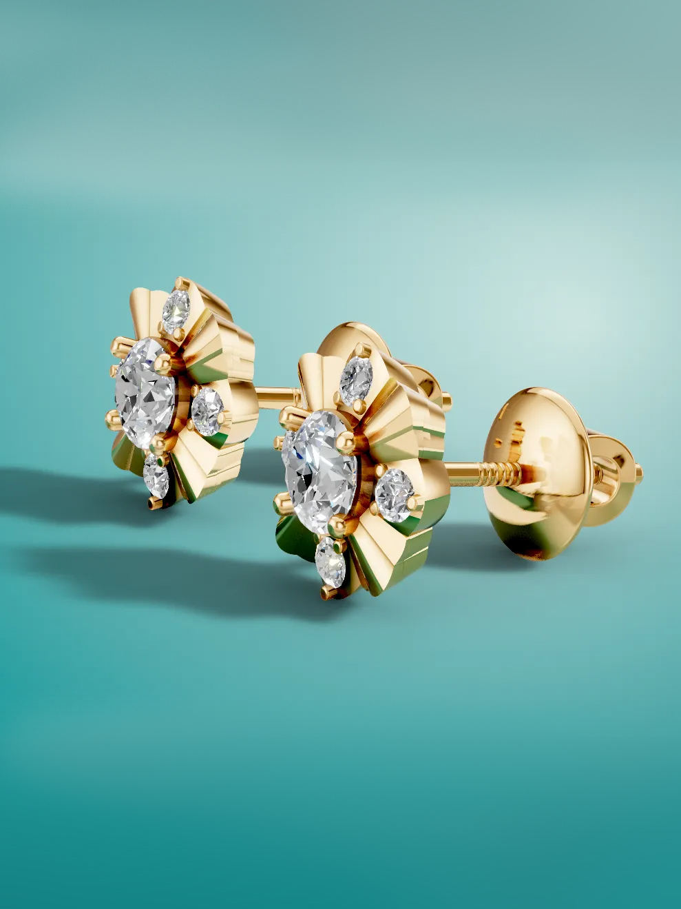 Elegant sterling silver floral moissanite stud earrings, side view.