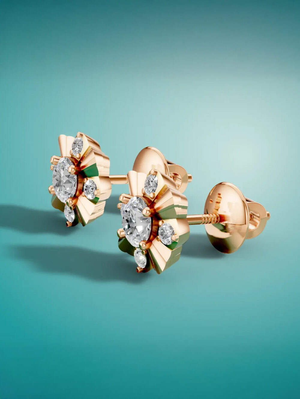 Elegant rose gold plated moissanite earrings on velvet background