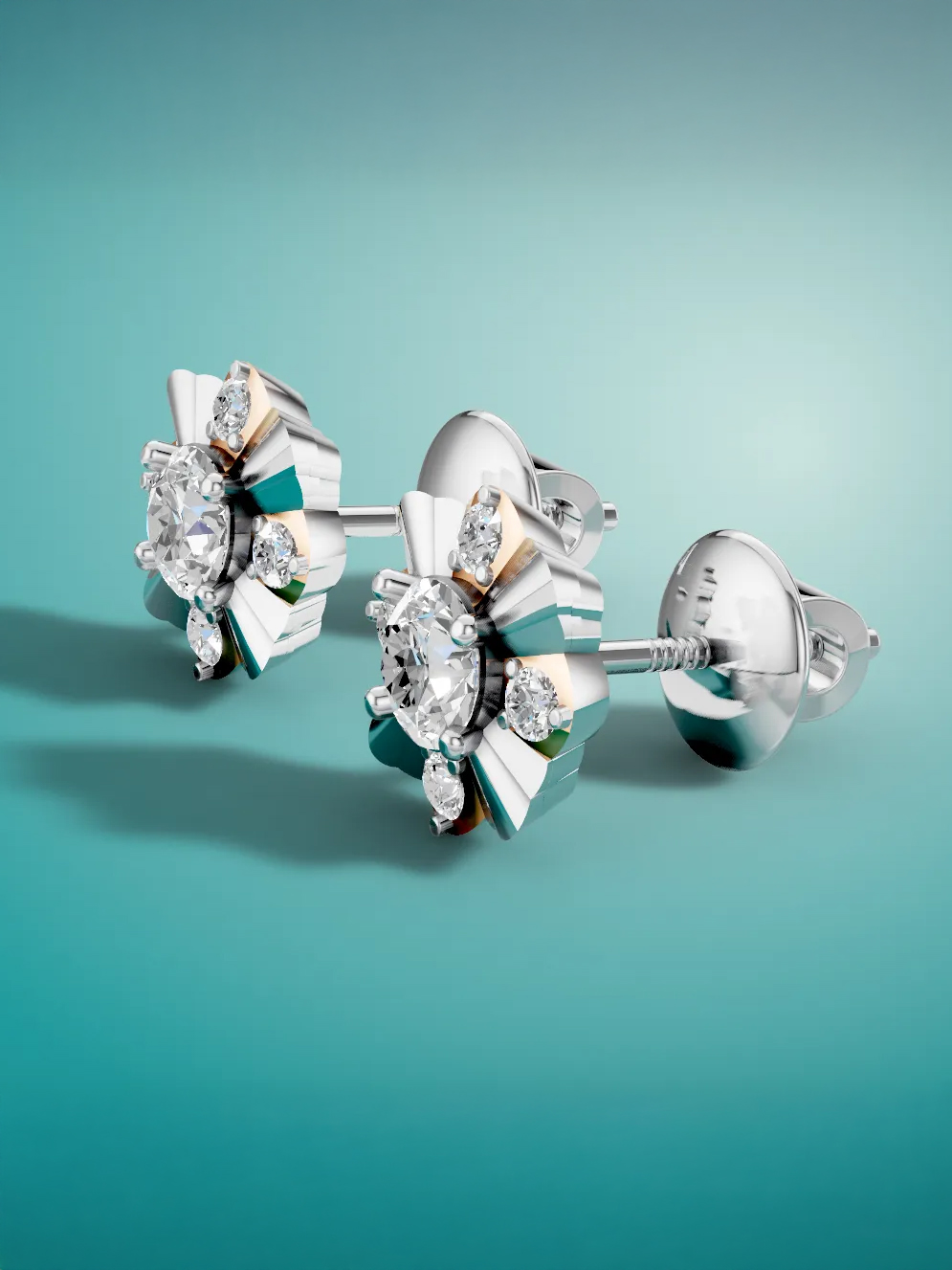 Moissanite diamond flower stud earrings - rose & white gold plated