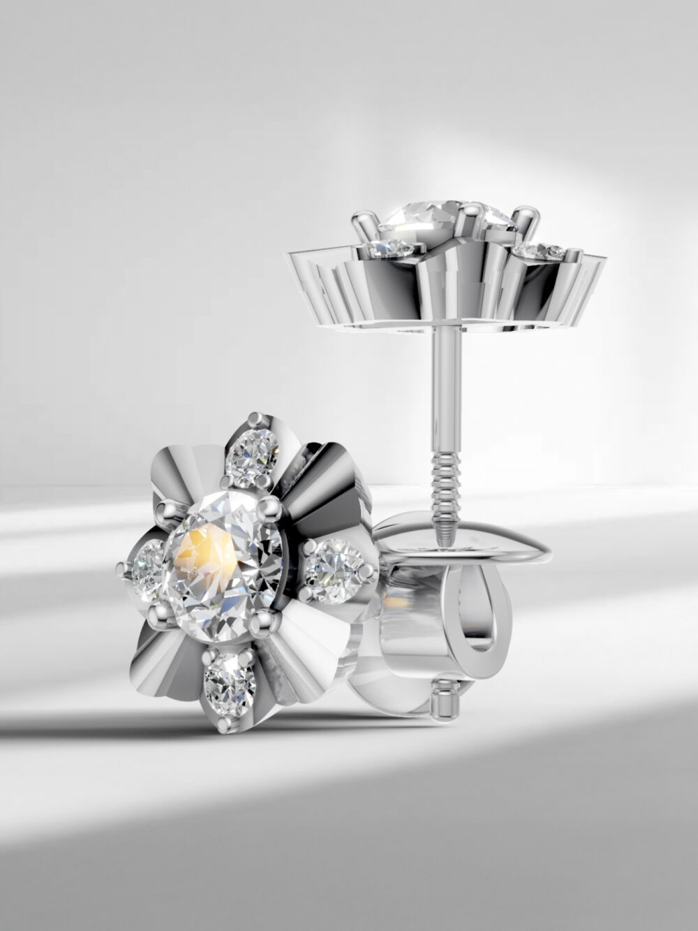 Close-up of vvs1 d color moissanite diamond floral earrings.
