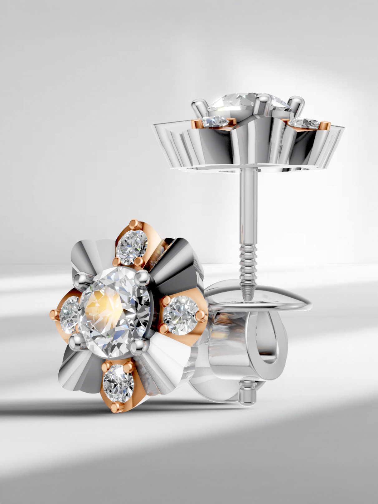 Close-up of moissanite diamond earrings in floral design