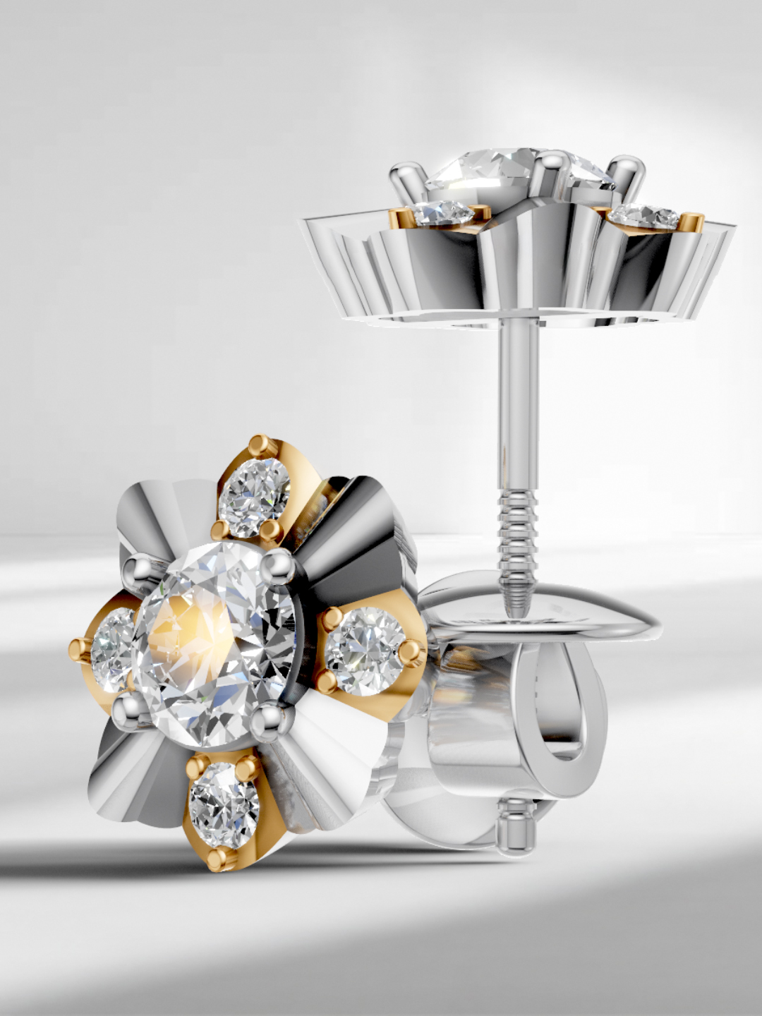 Sterling silver flower earrings with white gold plating and moissanite stones