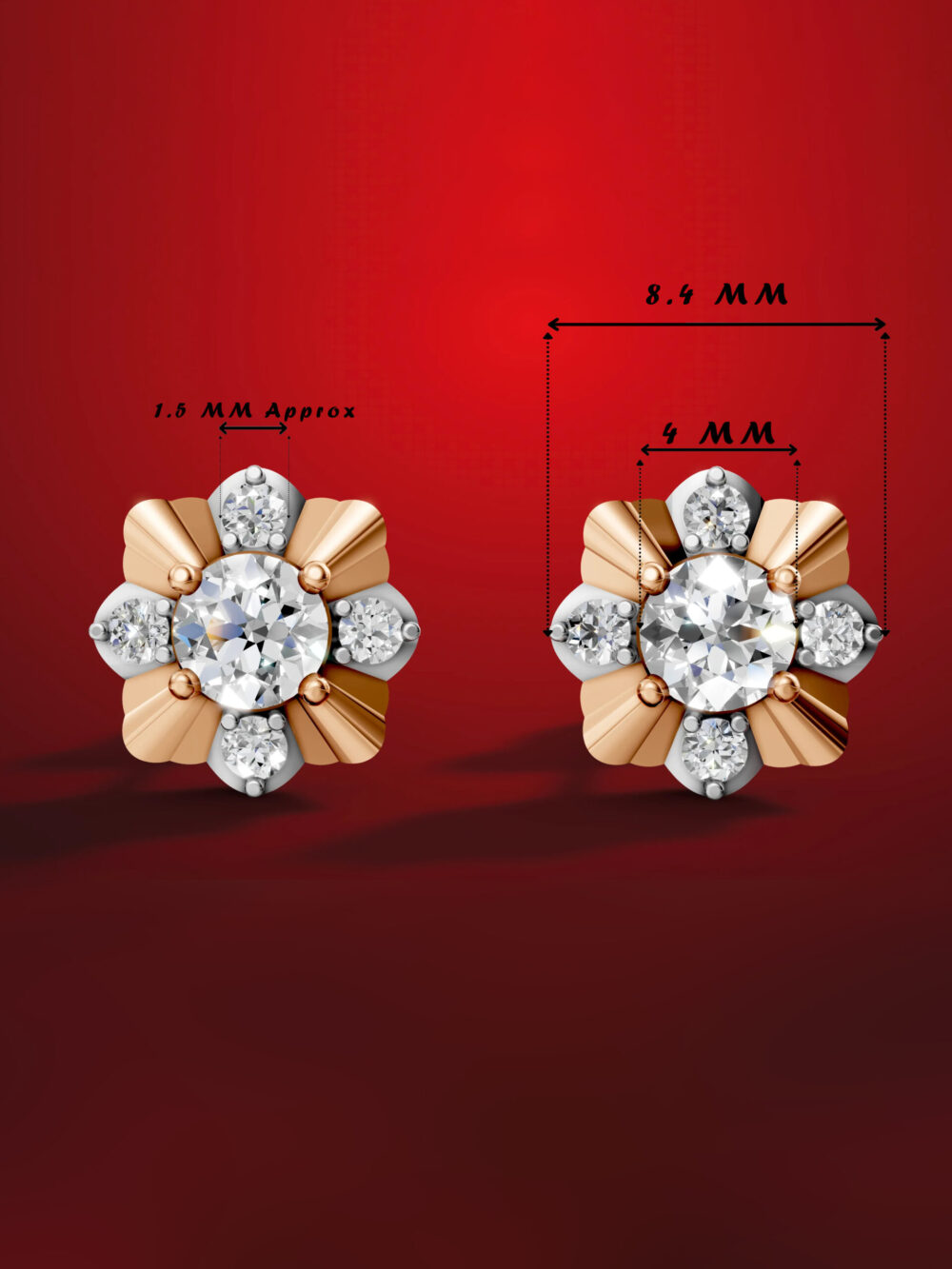 Two-tone white and rose gold moissanite diamond floral earrings specs