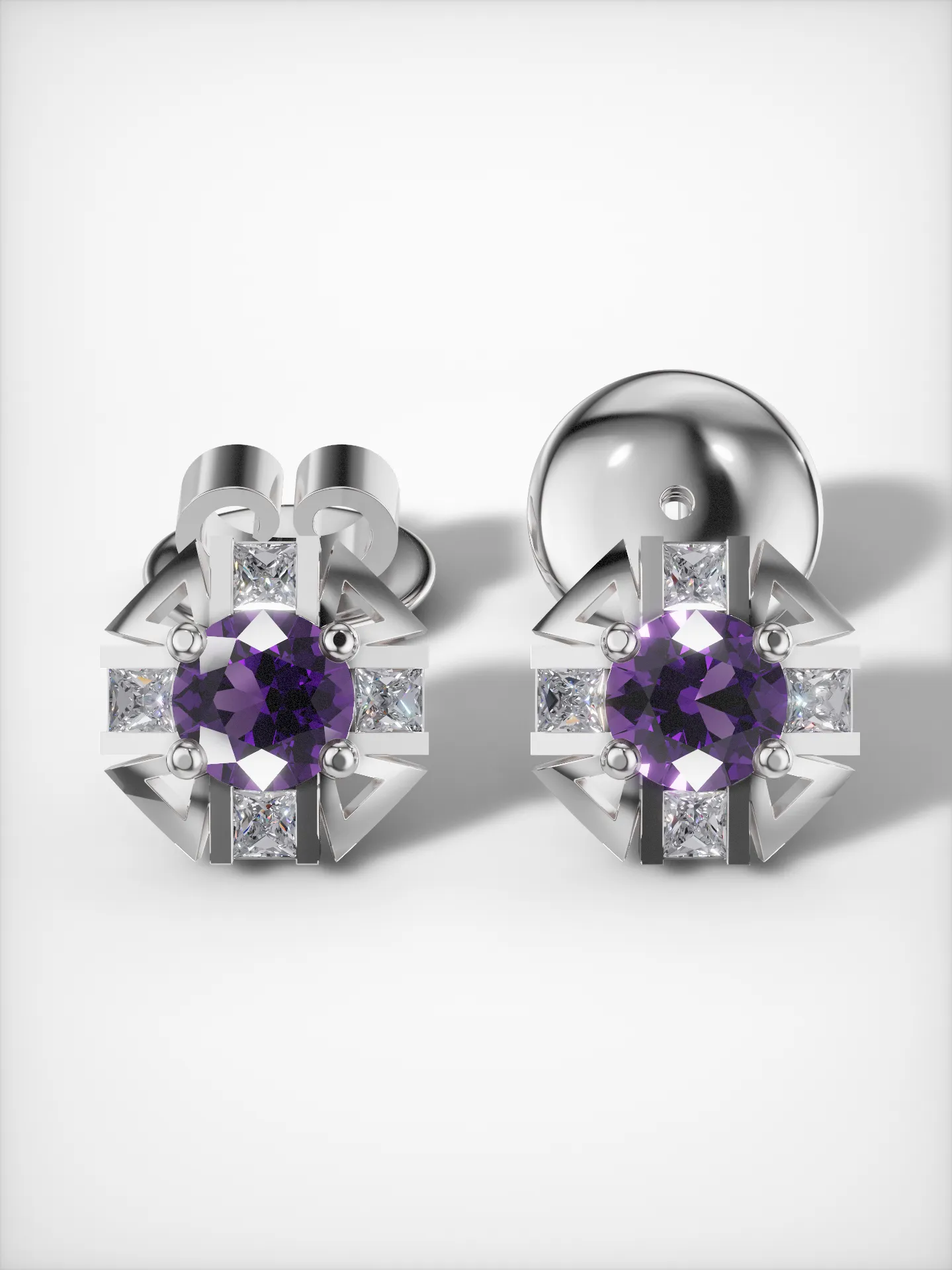 White gold amethyst starburst stud earrings with moissanite accents in 925 sterling silver
