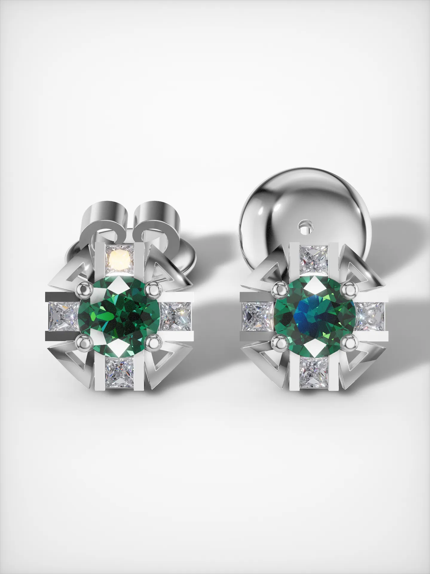 Front view of white gold-plated sterling silver emerald stud earrings with moissanite diamonds