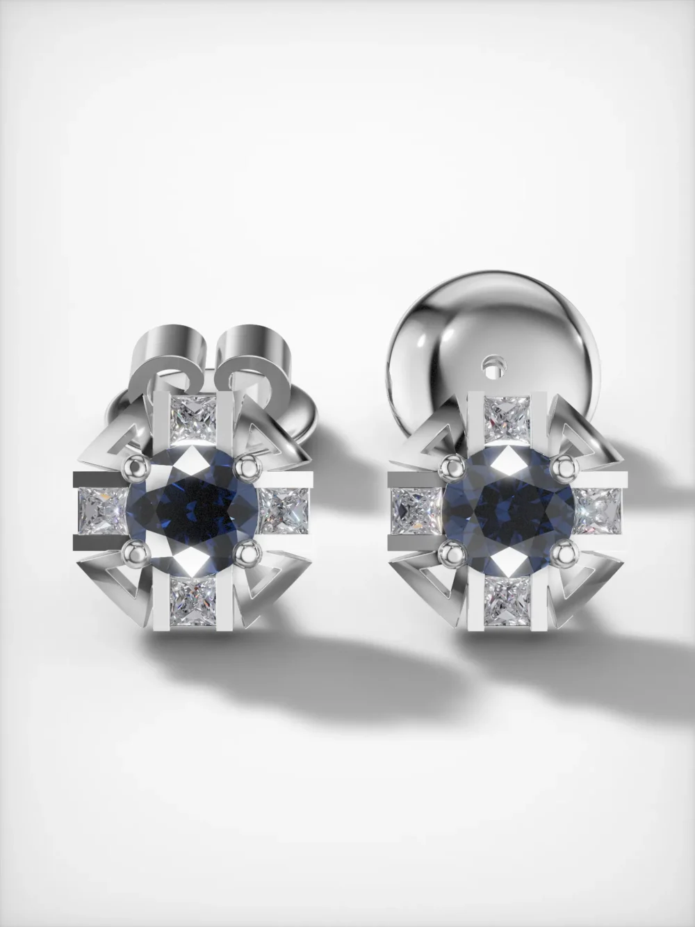 Sapphire and moissanite stud earrings in white gold plating – front view