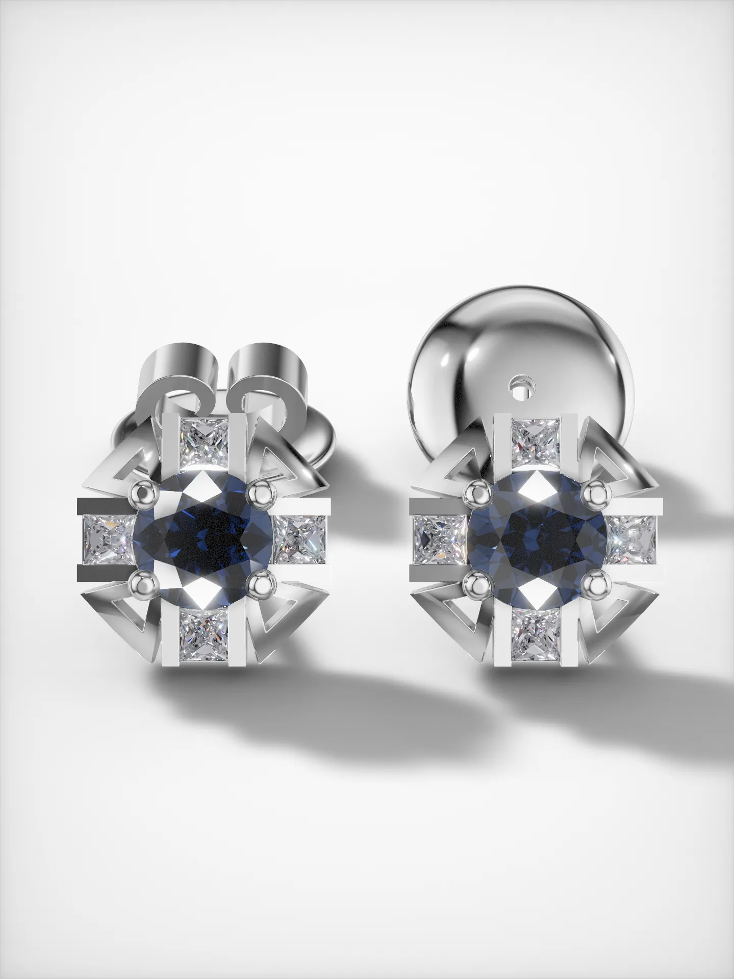 Sapphire and moissanite stud earrings Sapphire and moissanite stud earrings in white gold plating – front view