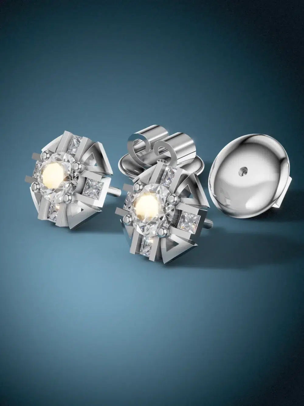 White gold-plated moissanite diamond stud earrings – side view.