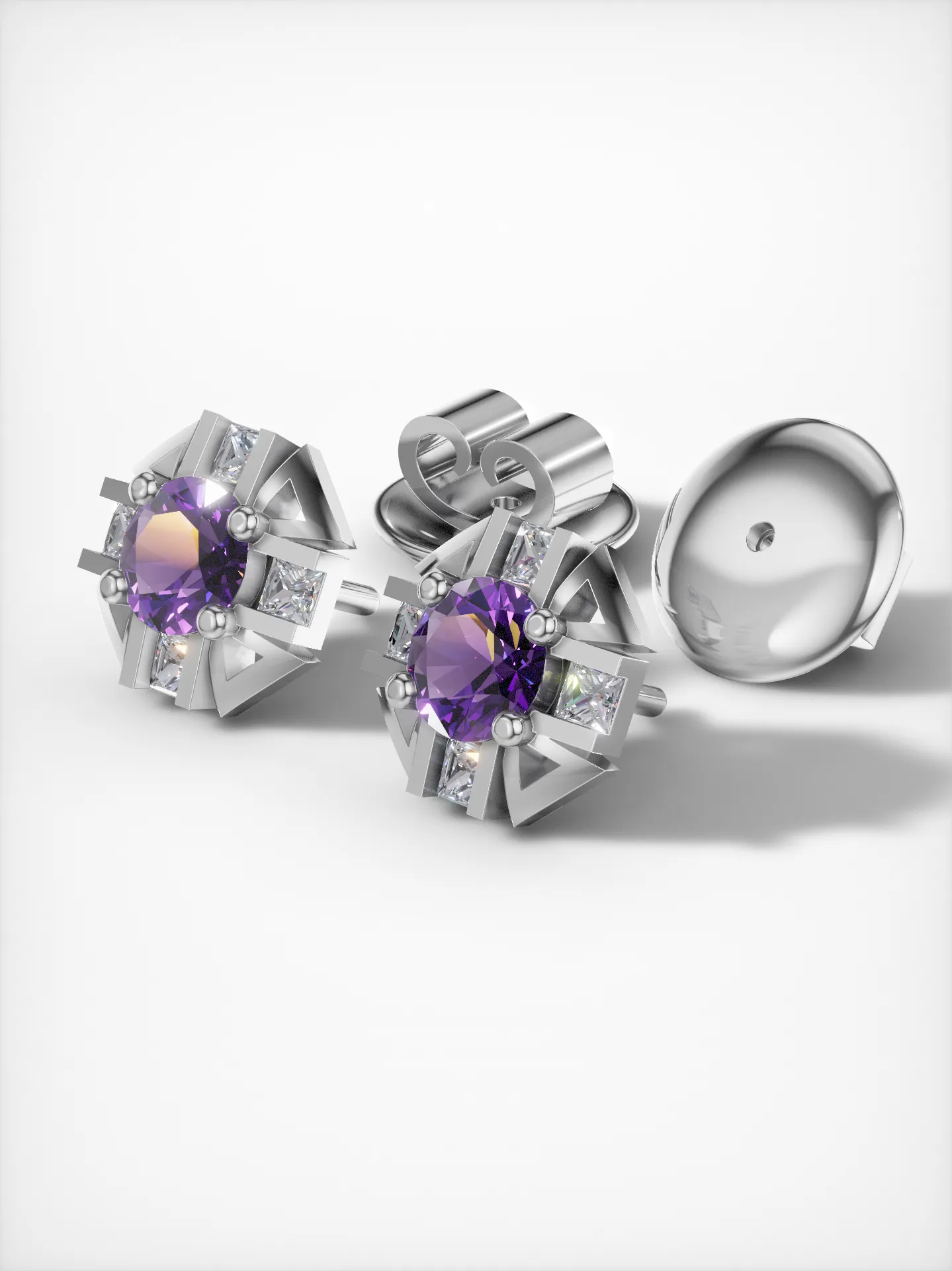 Side view of white gold amethyst starburst earrings in sterling silver