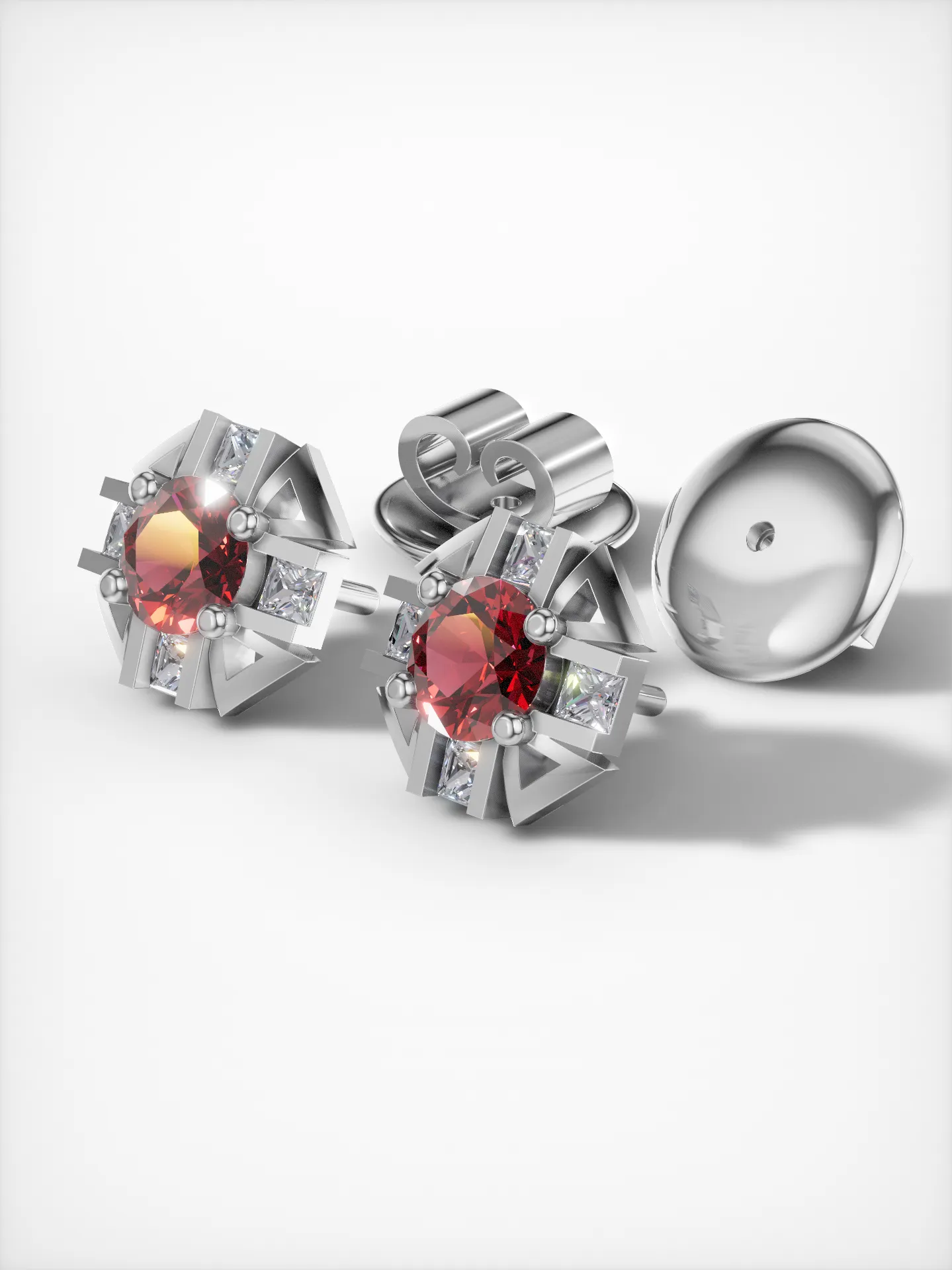 Elegant white gold-plated ruby and moissanite earrings with princess-cut accents