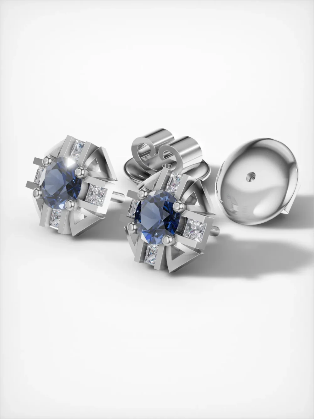 Sapphire and moissanite stud earrings in white gold plating – angled view