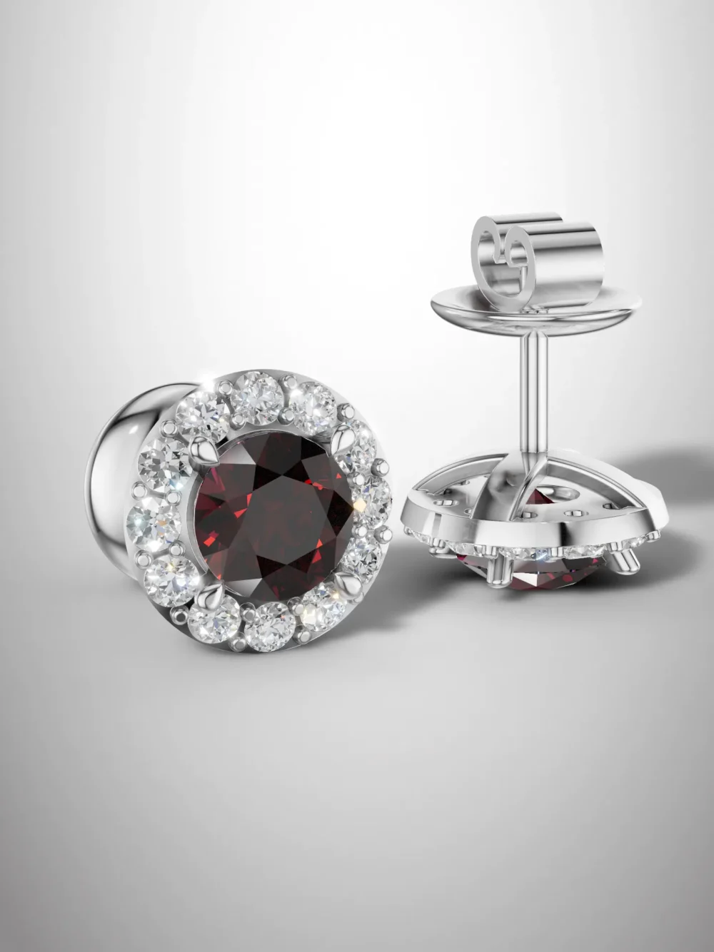 Garnet halo stud earring with moissanite diamonds in white gold plated sterling silver
