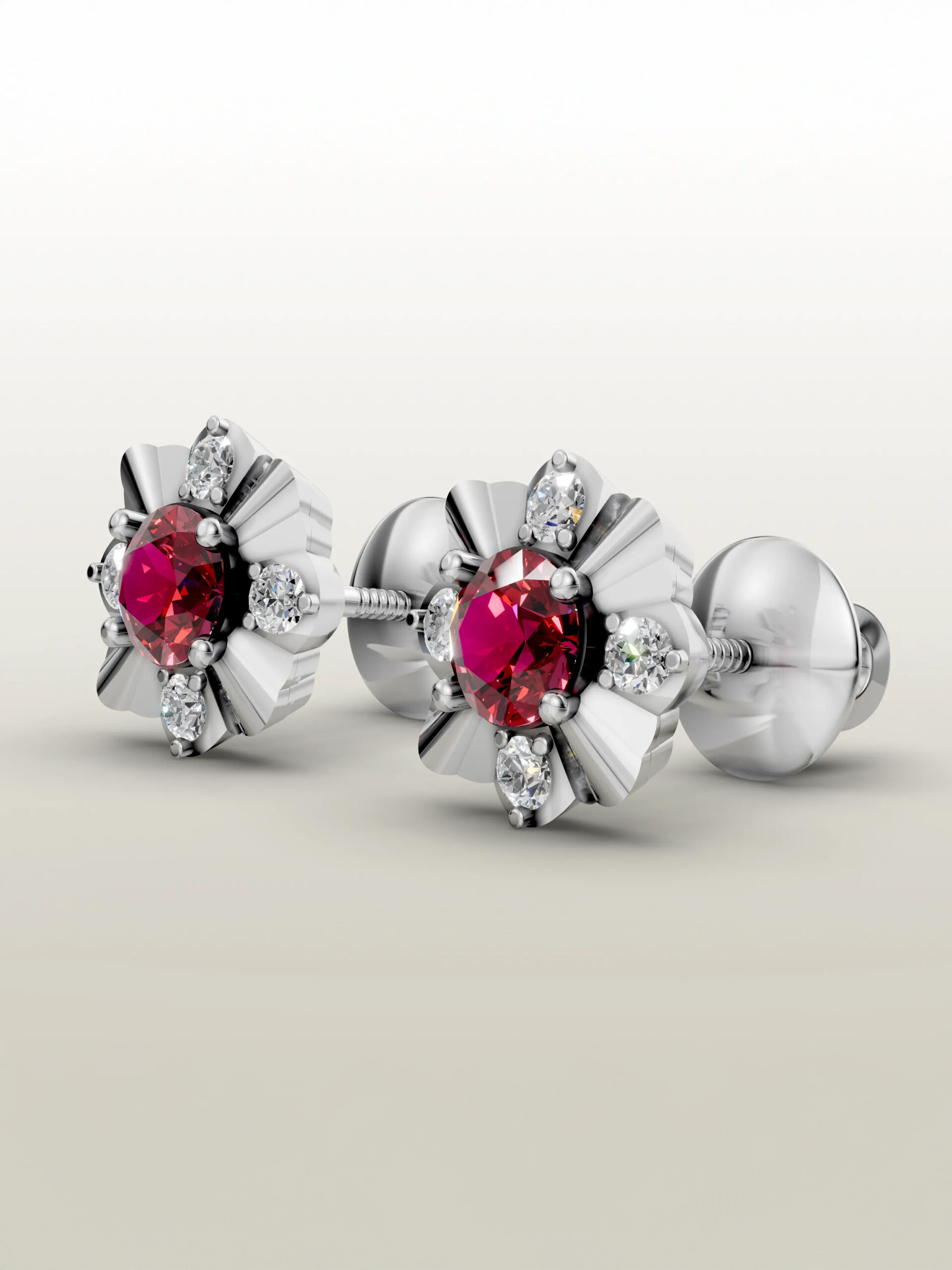 Ruby flower stud earrings Winter blossom ruby studs - white gold plated