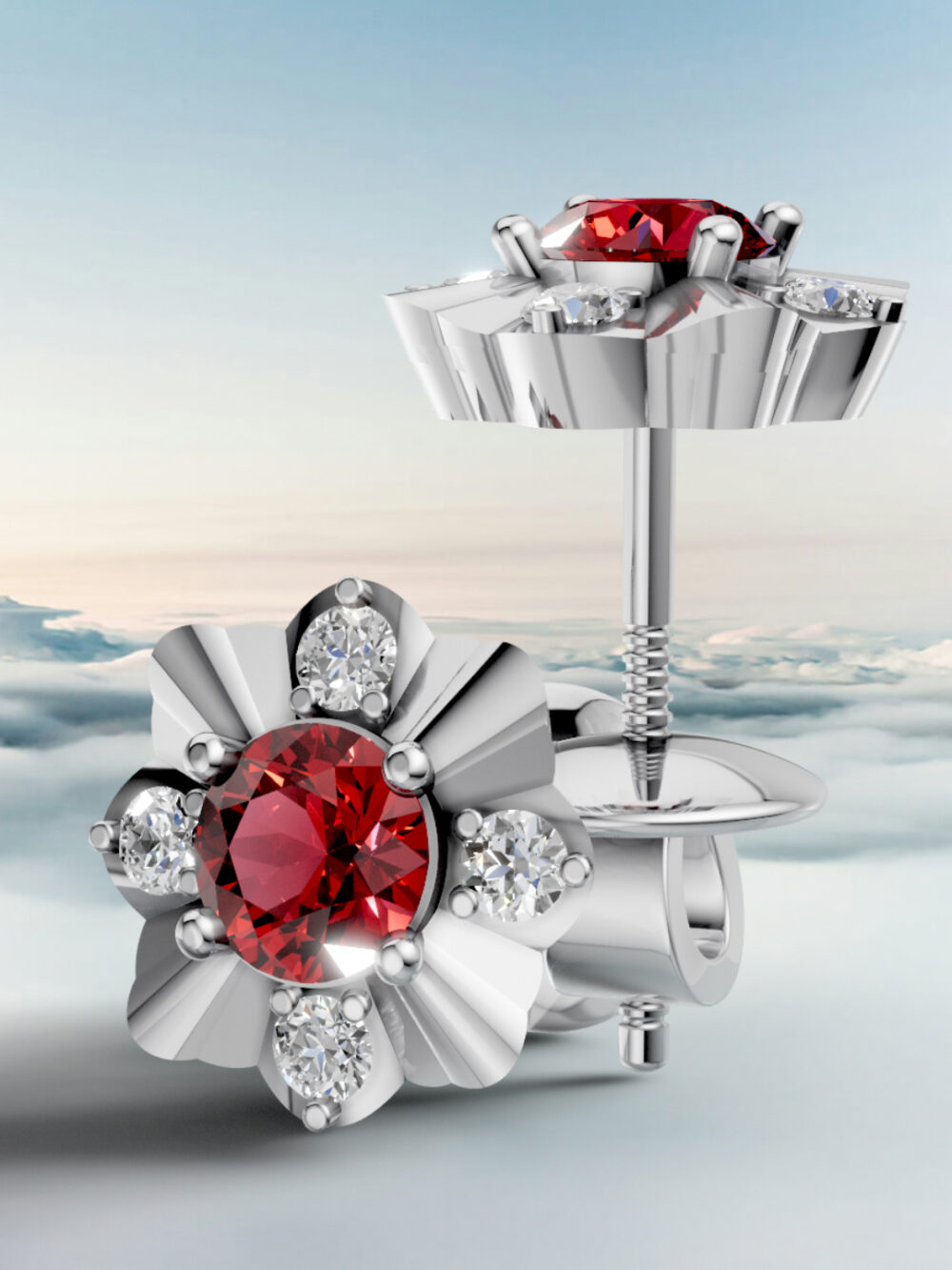 Winter blossom ruby studs - white gold plated