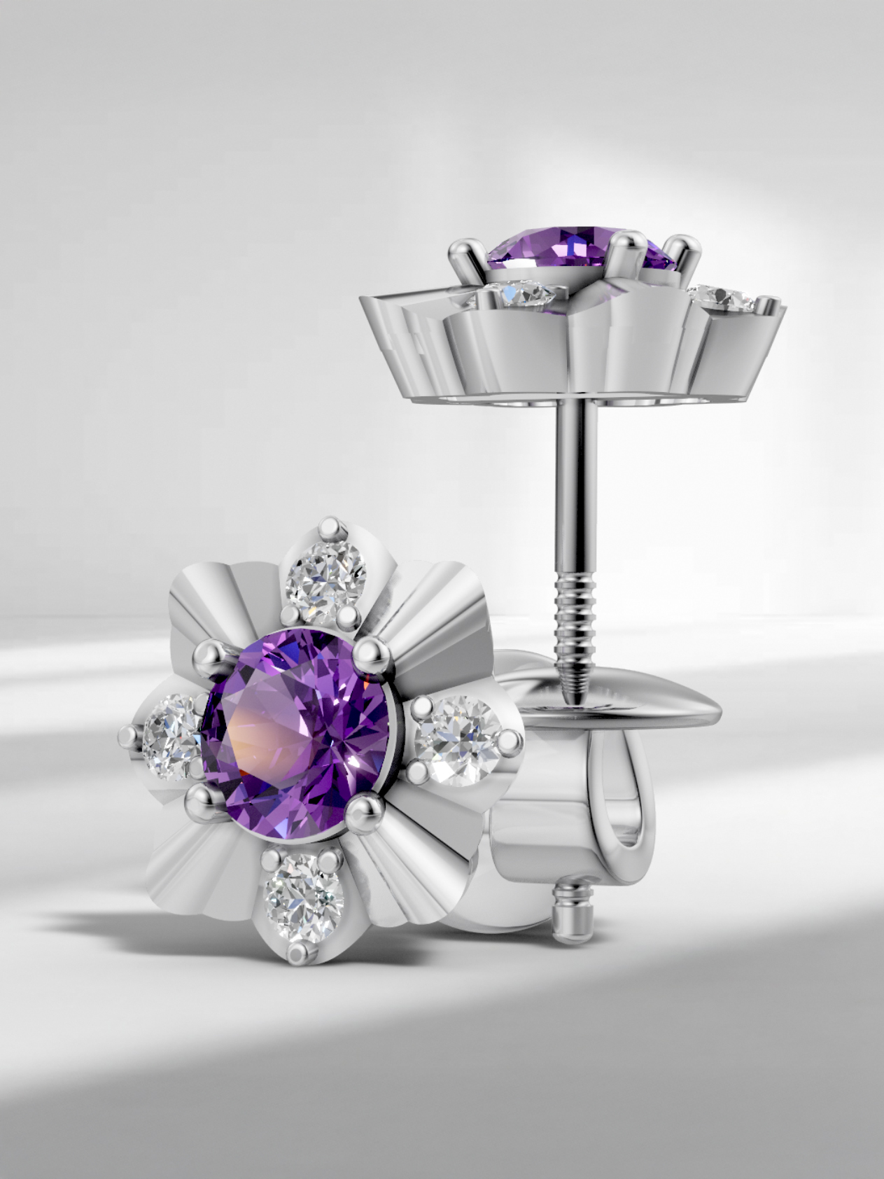 Winter blossom amethyst studs - white gold plated