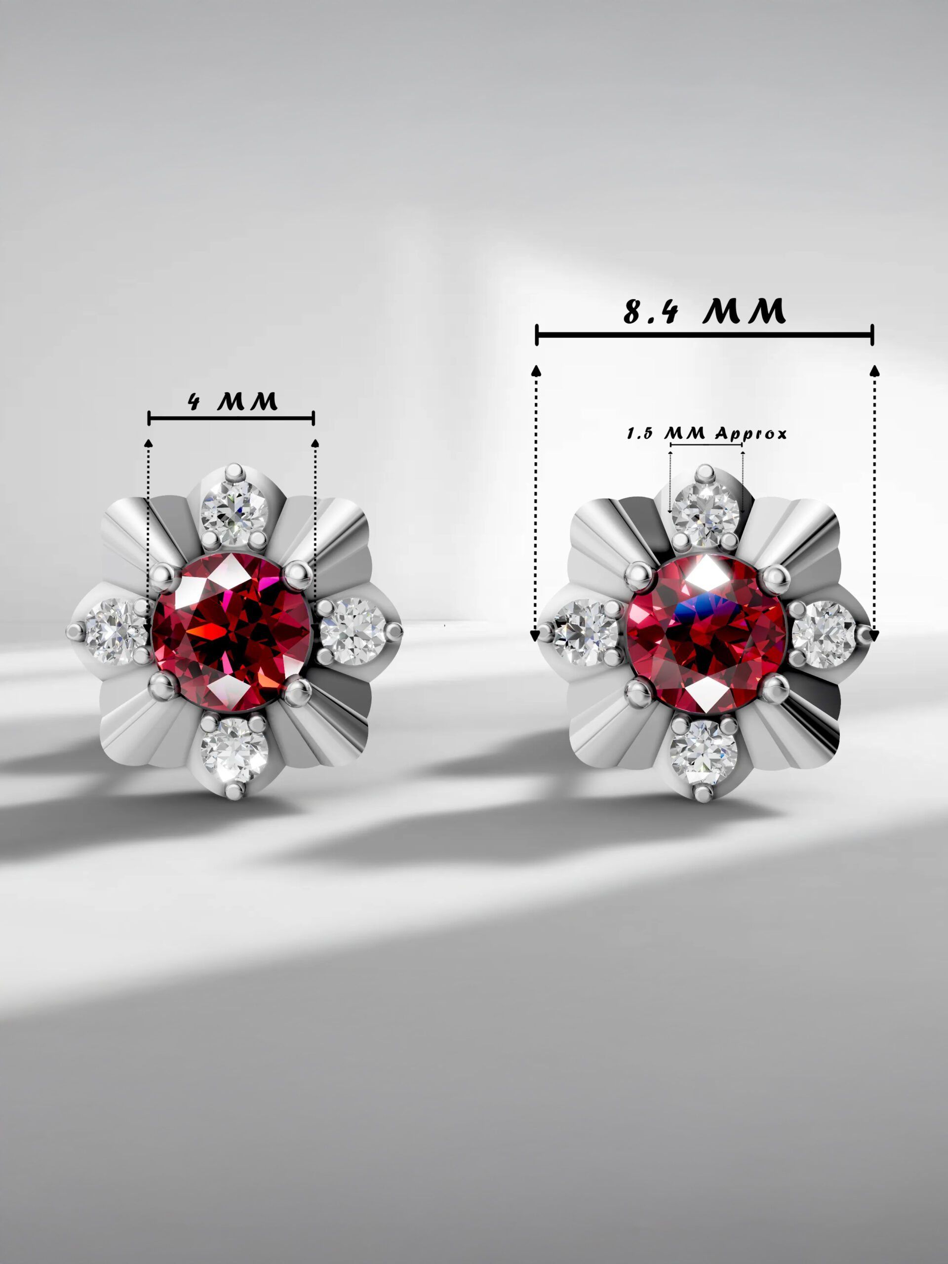 Ruby flower stud earrings Winter blossom ruby studs - white gold plated with specs