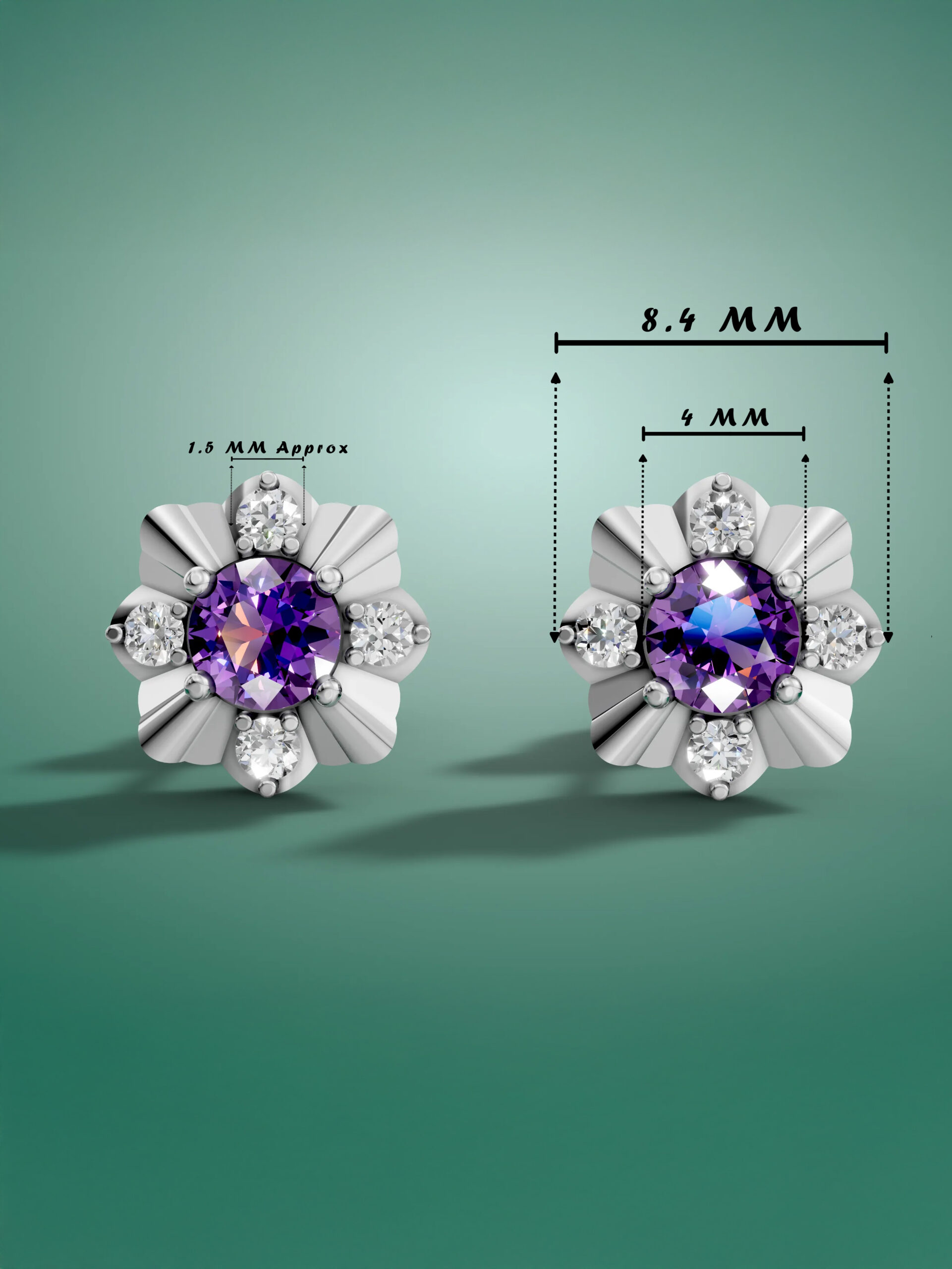 Winter blossom amethyst studs - white gold plated specs