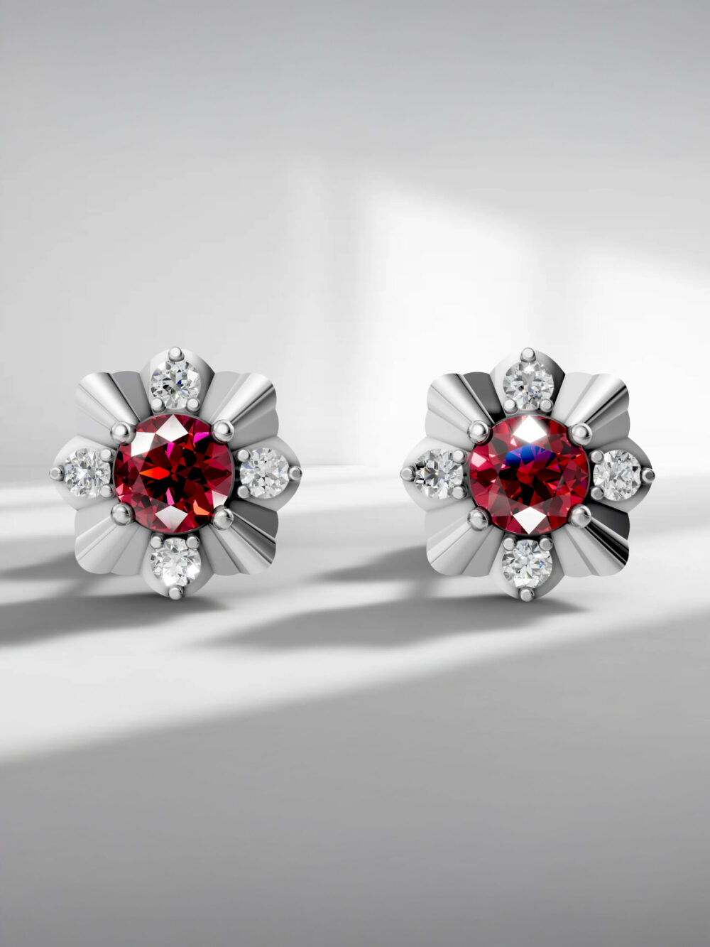 Winter blossom ruby studs - white gold plated