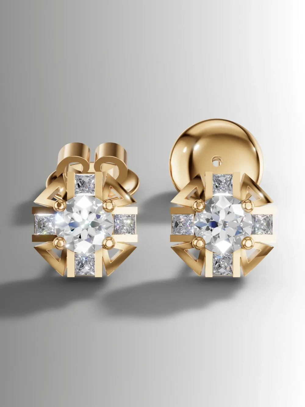 Gold-plated celestial radiance earrings with round and princess-cut moissanite diamonds.