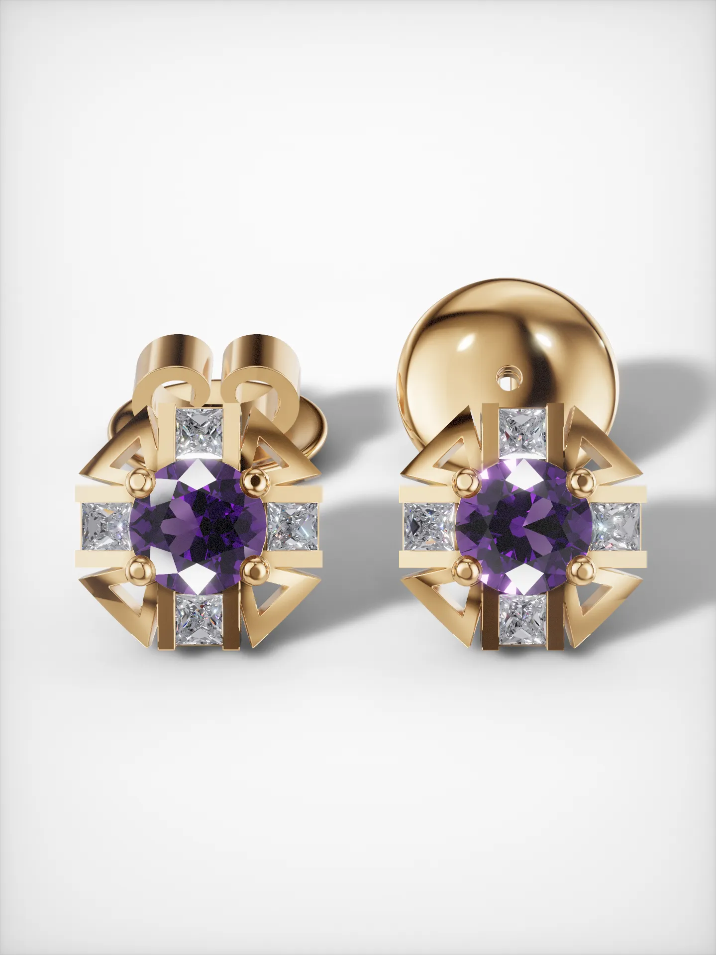 Gold-plated amethyst starburst stud earrings with moissanite accents