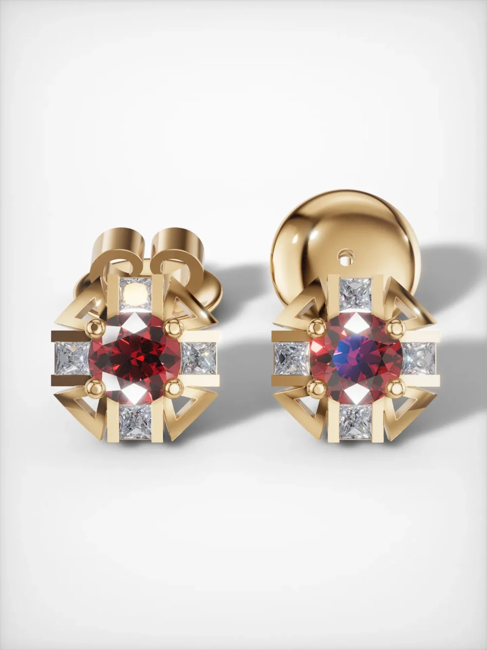 Ruby and moissanite earrings with yellow gold plating and classic design