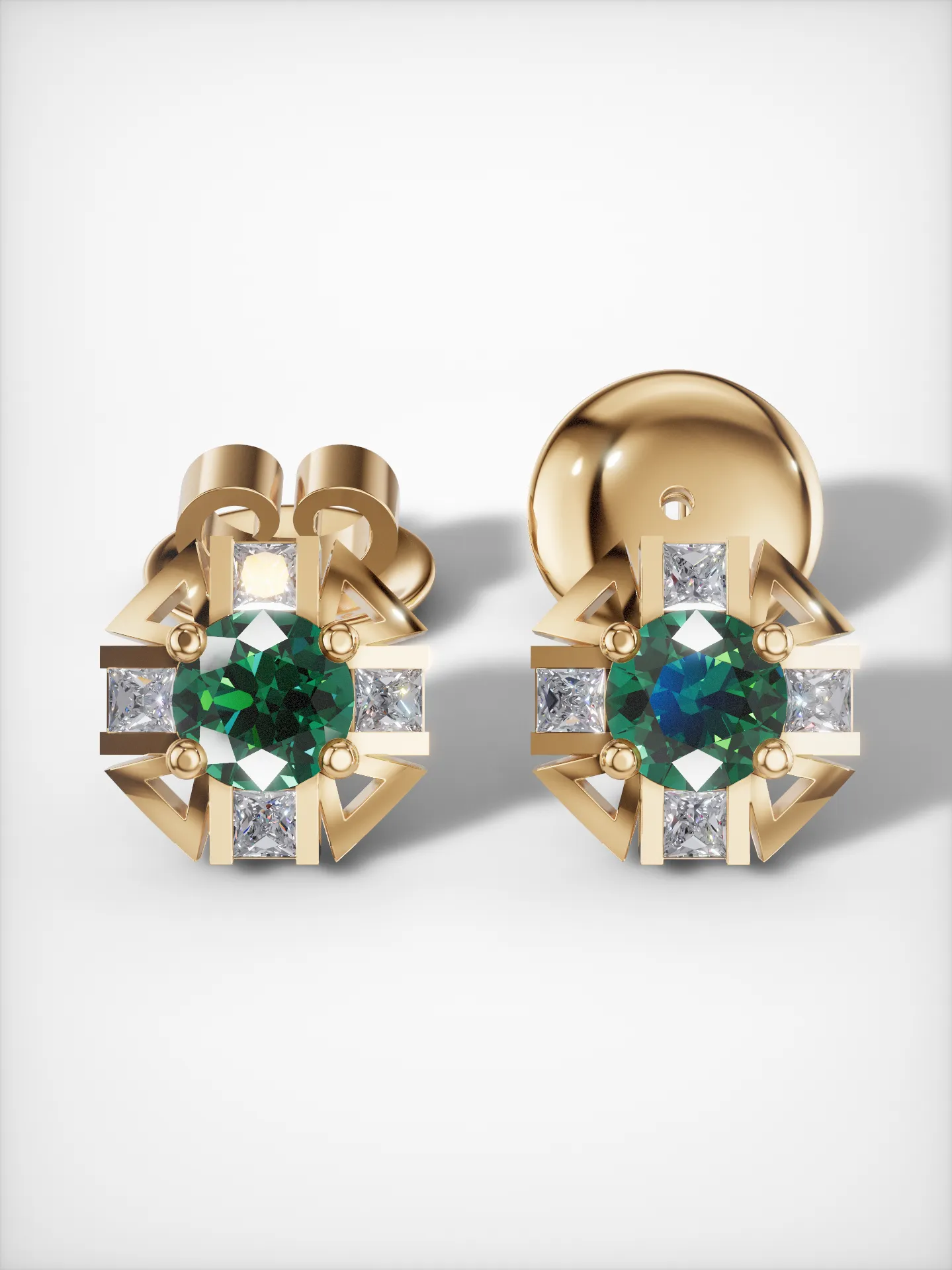 Front view of gold-plated sterling silver emerald stud earrings with moissanite accents