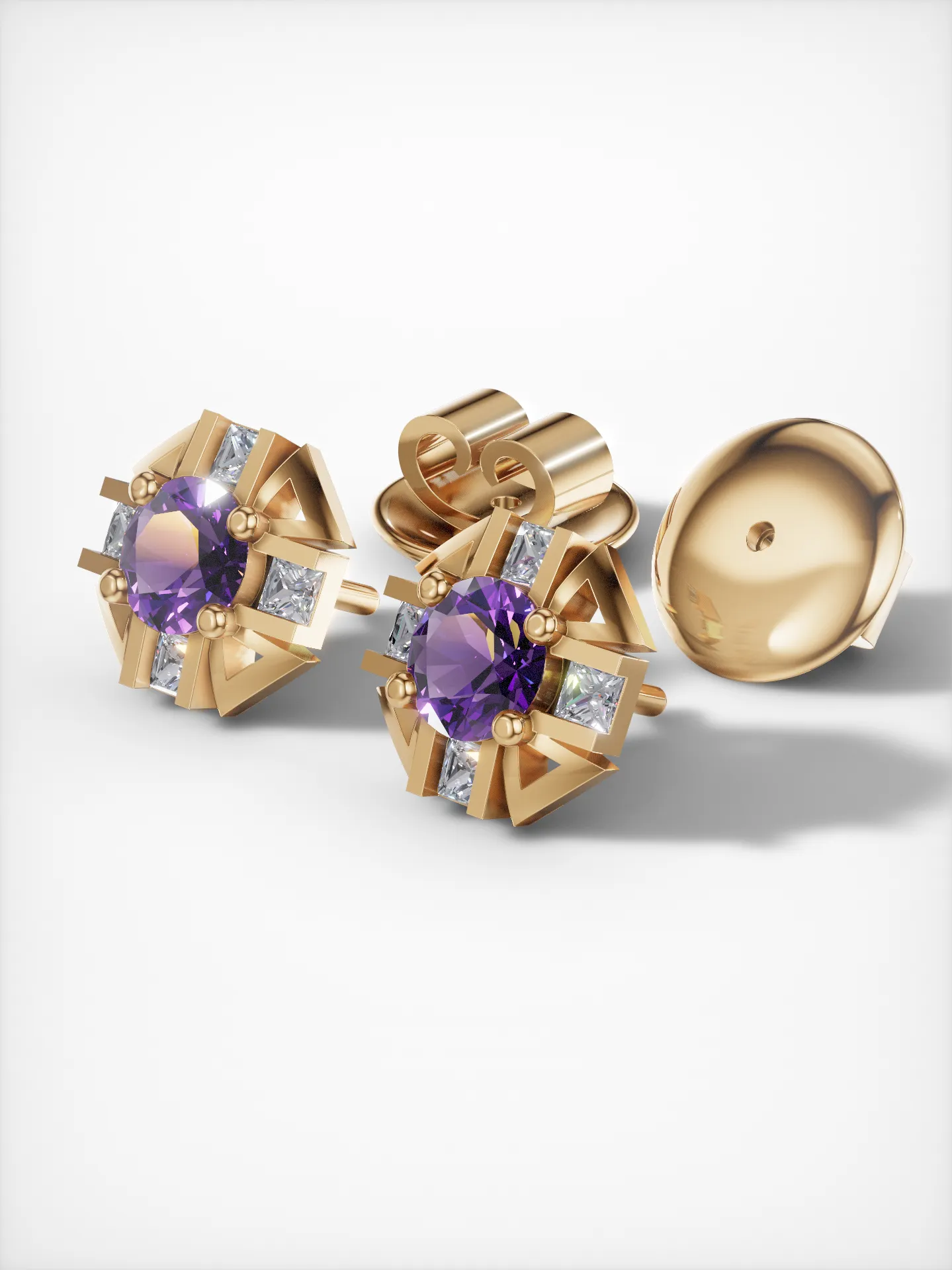 Side view of gold-plated amethyst starburst earrings with moissanite accents