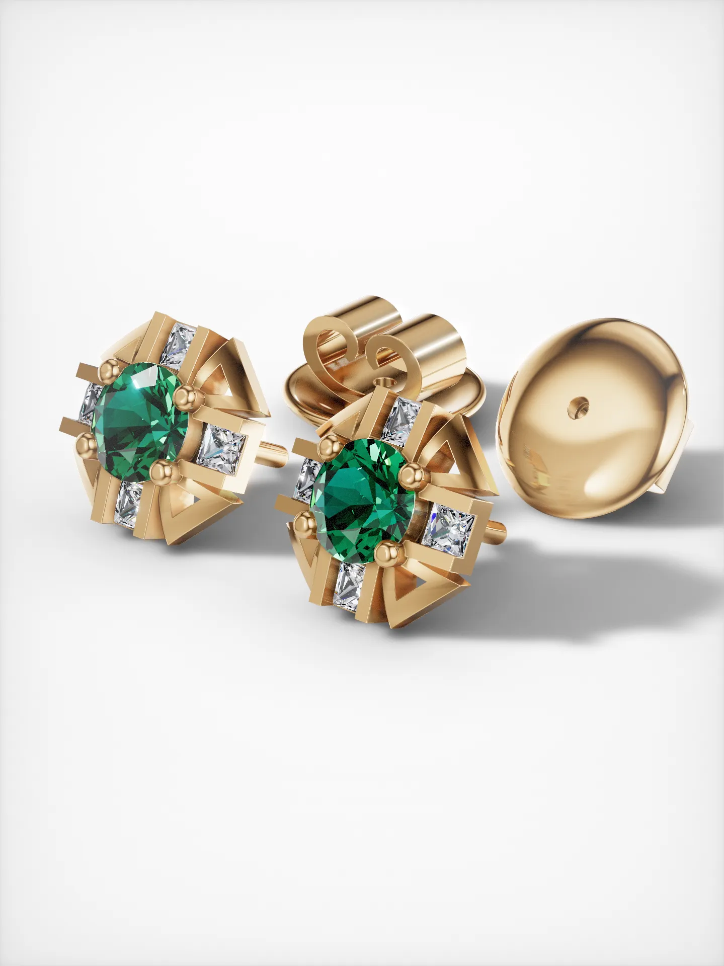 Side view of gold-plated sterling silver emerald stud earrings with moissanite accents