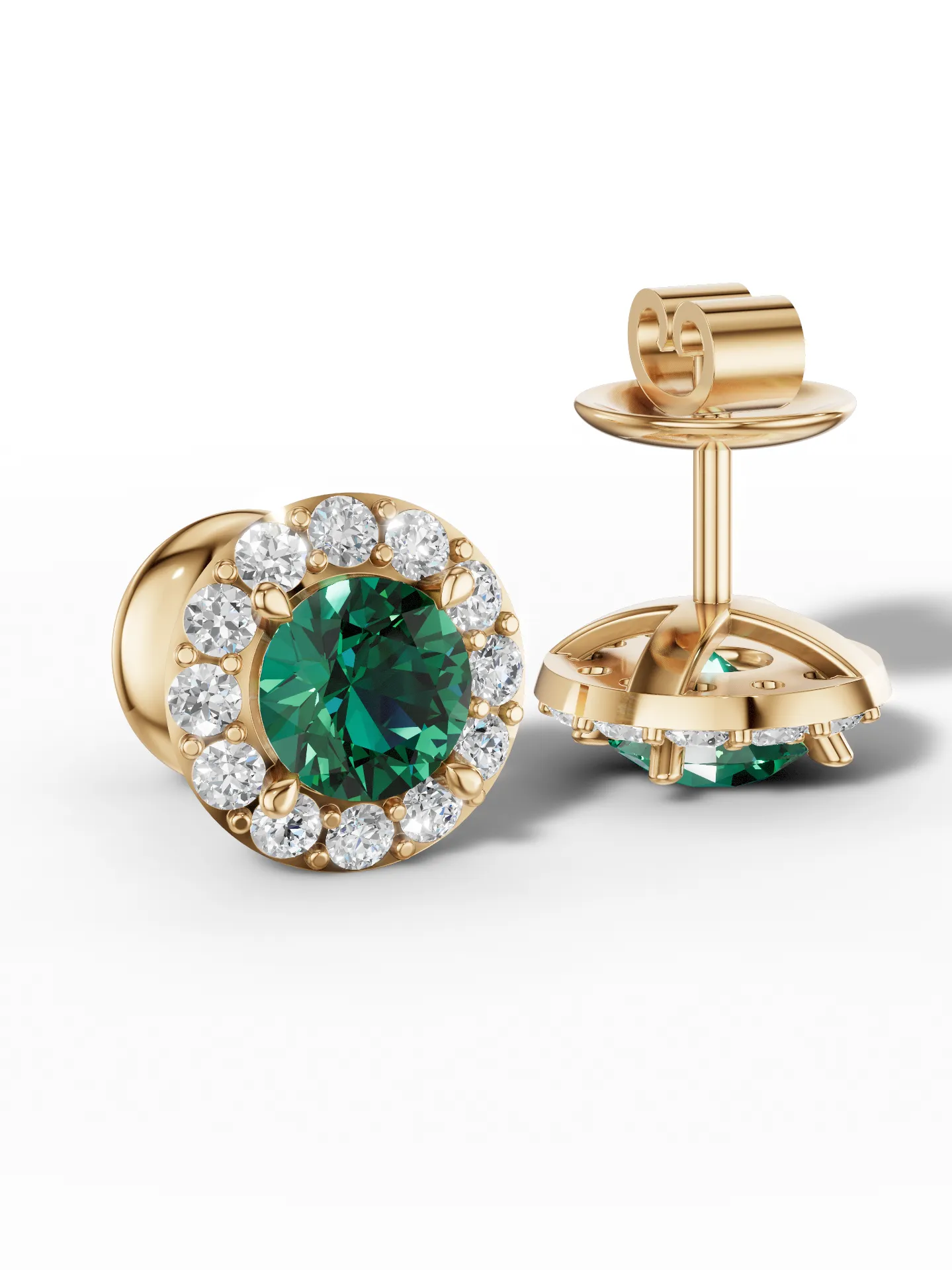 Emerald halo stud earrings Side view of emerald halo stud earrings in yellow gold plating