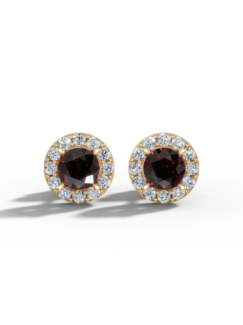 Pair of garnet halo stud earrings with moissanite diamonds in gold plated sterling silver