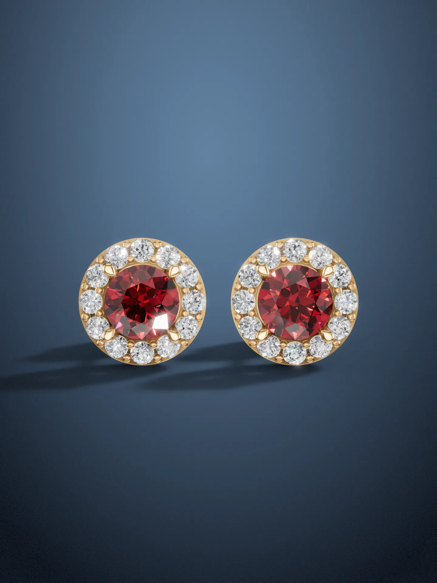 Ruby halo stud earrings yellow gold front