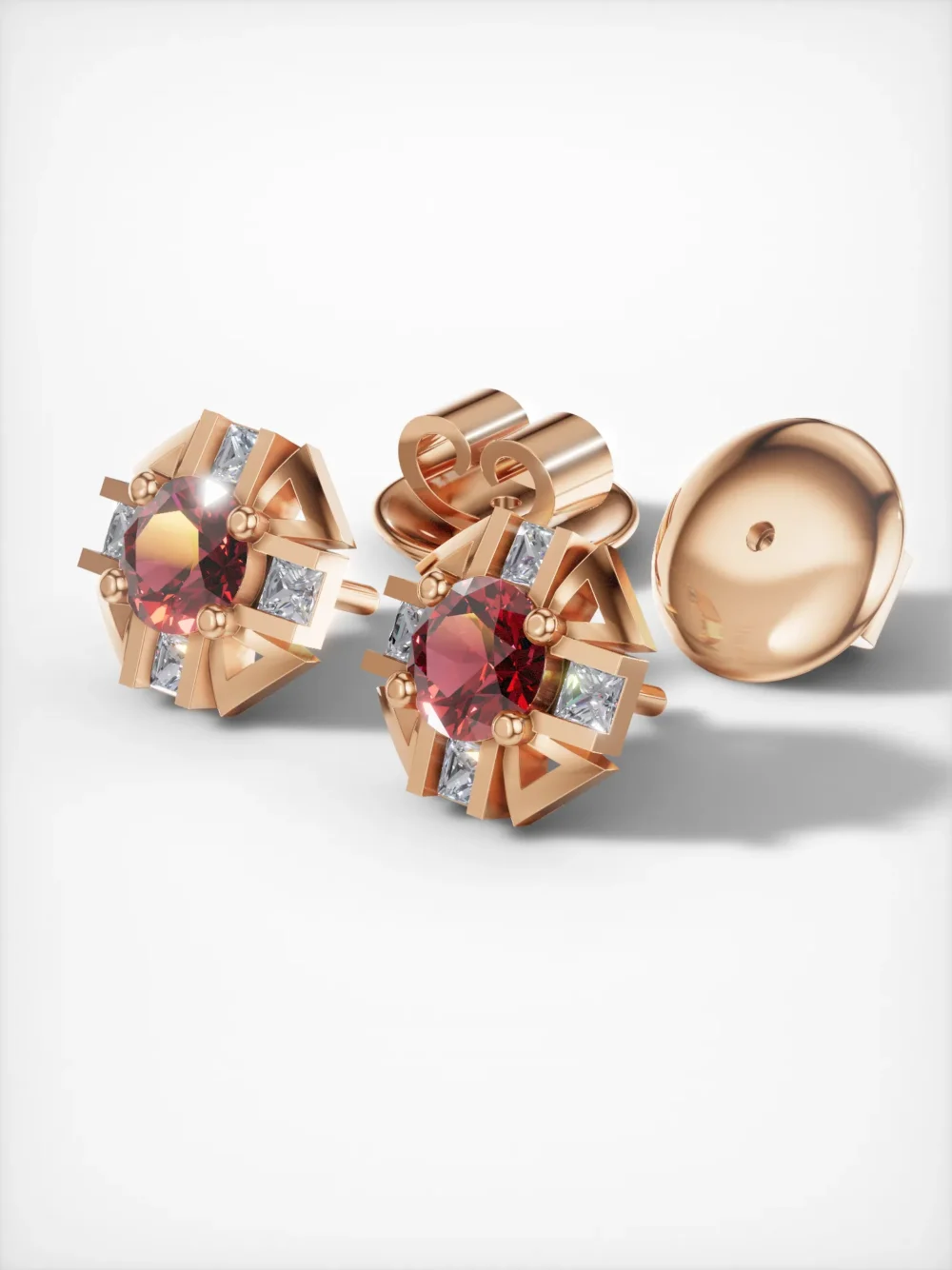 Side view of rose gold-plated ruby and moissanite earrings
