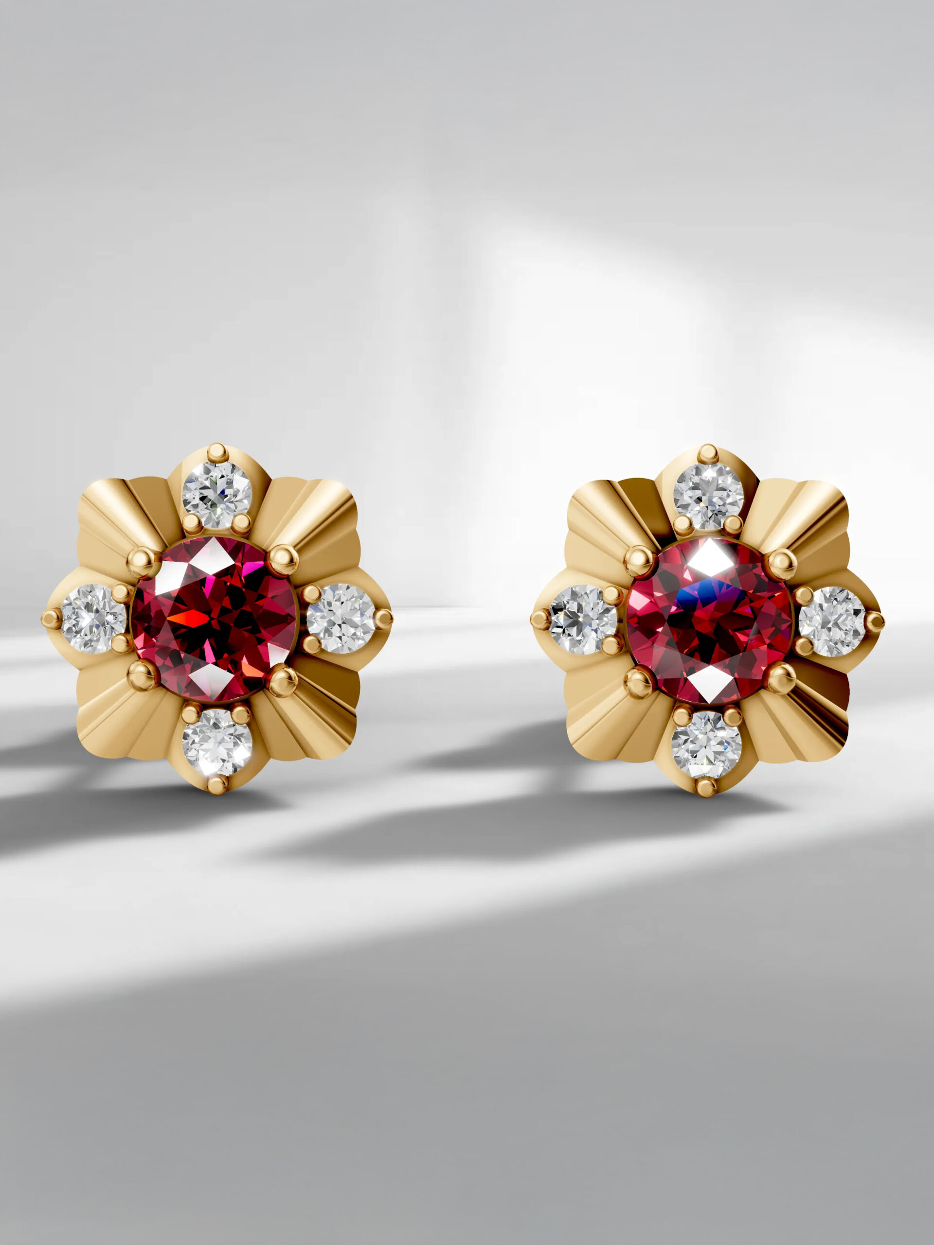 Ruby flower stud earrings Golden twilight ruby studs - gold plated